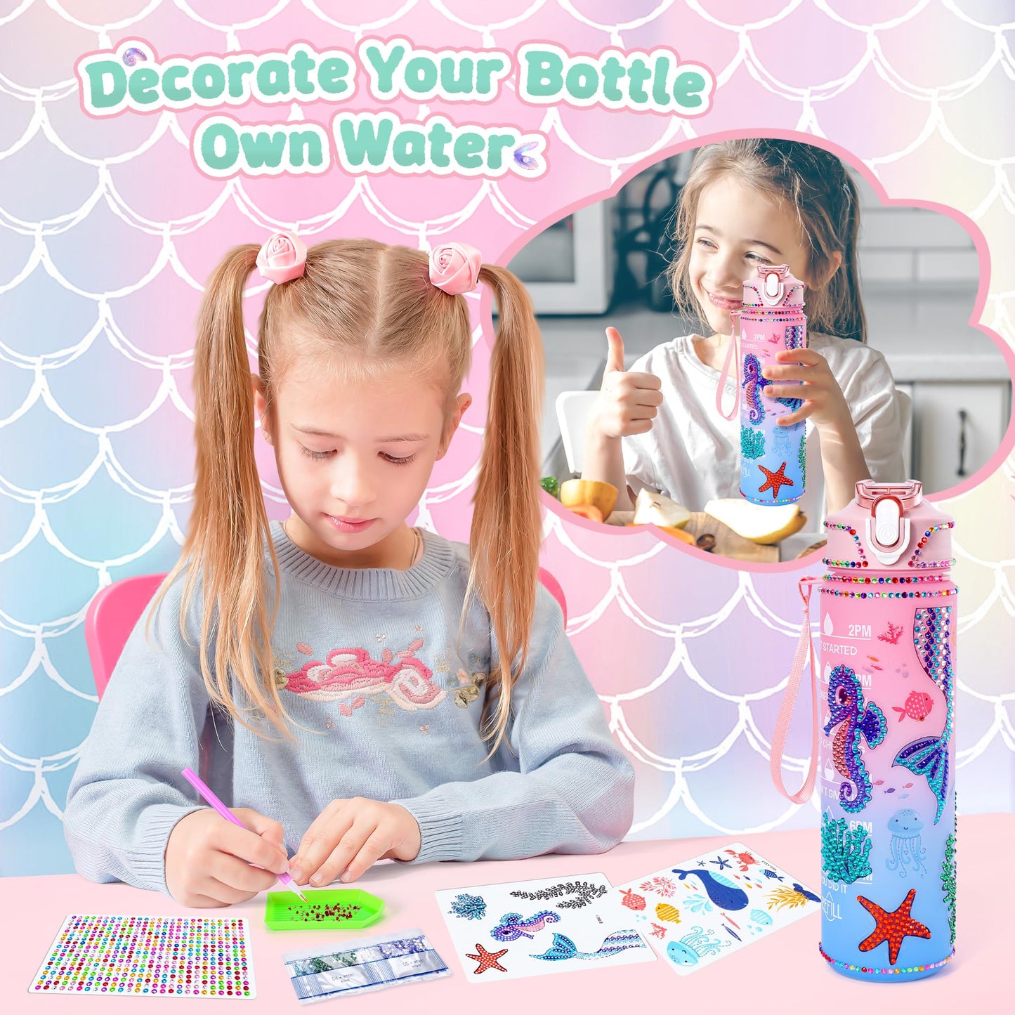 Auspicious Beginning 13-Piece Mermaid Toys Gift Set for Girls 4-12 — Light-Up Star Pillow & DIY Water Bottle Kit