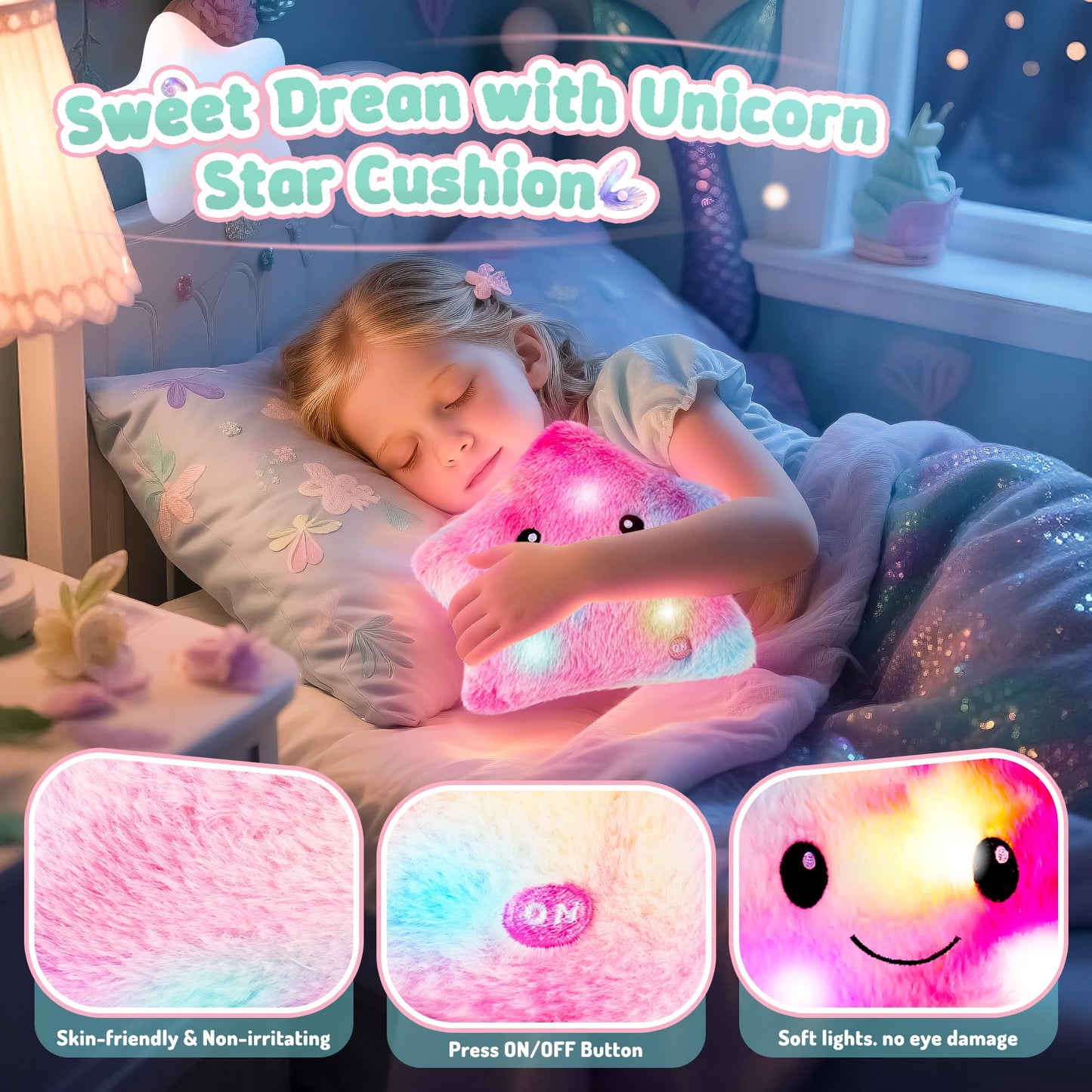 Auspicious Beginning 13-Piece Mermaid Toys Gift Set for Girls 4-12 — Light-Up Star Pillow & DIY Water Bottle Kit