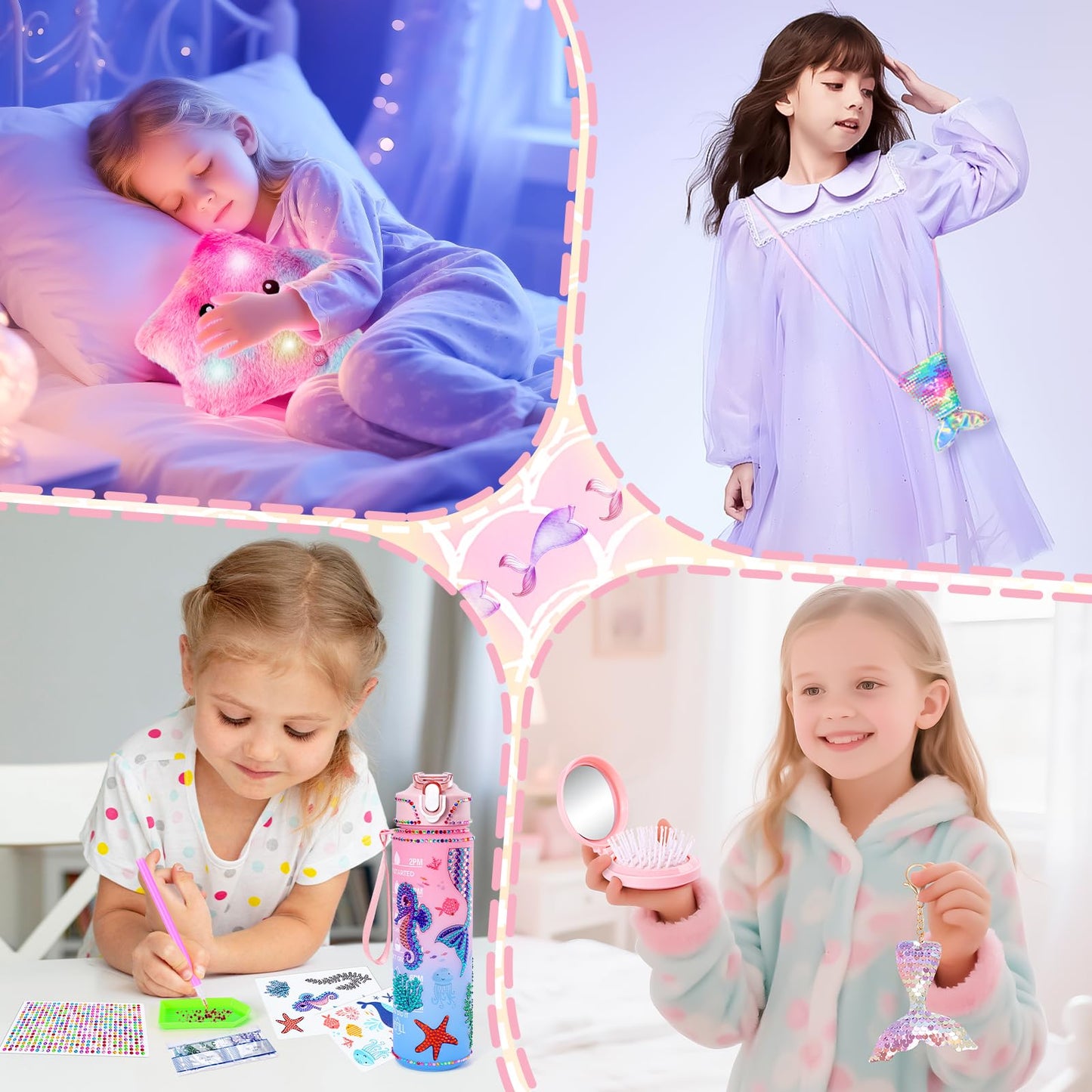 Auspicious Beginning 13-Piece Mermaid Toys Gift Set for Girls 4-12 — Light-Up Star Pillow & DIY Water Bottle Kit
