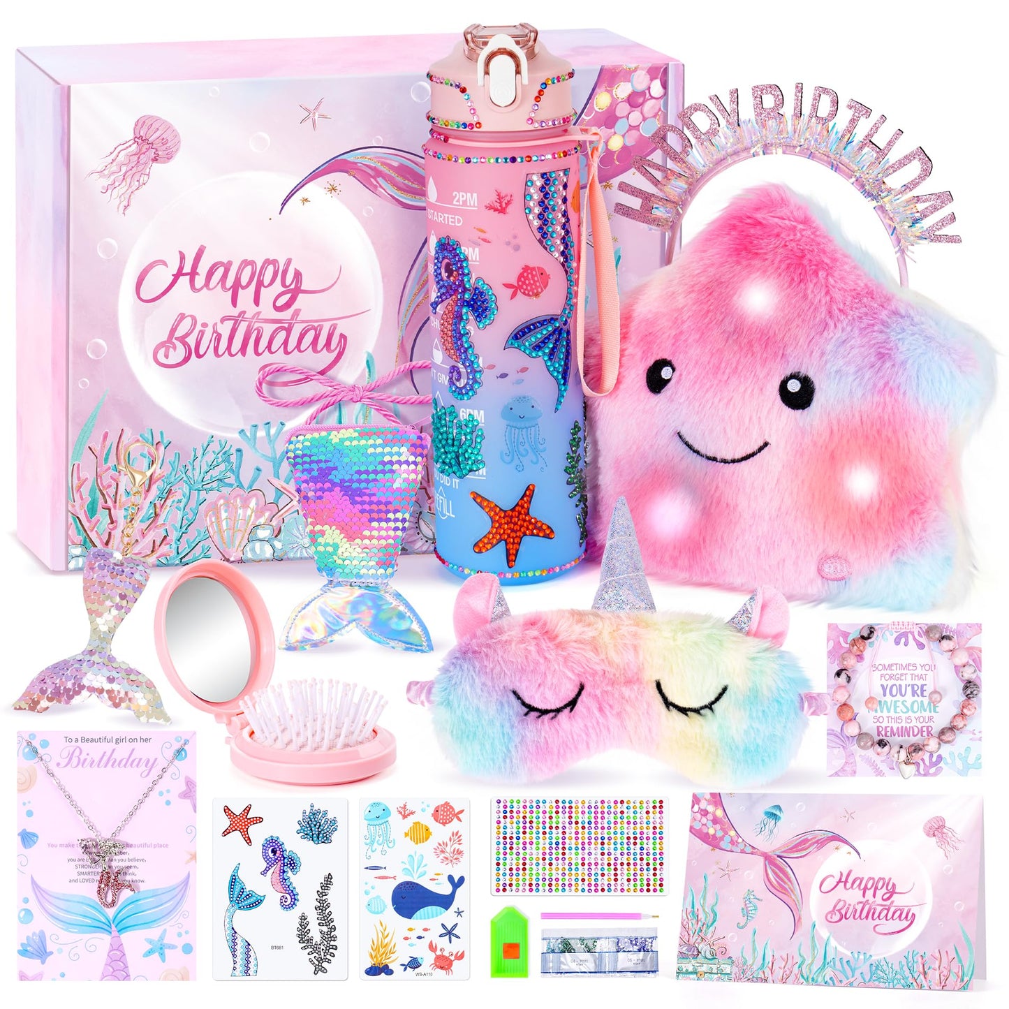 Auspicious Beginning 13-Piece Mermaid Toys Gift Set for Girls 4-12 — Light-Up Star Pillow & DIY Water Bottle Kit