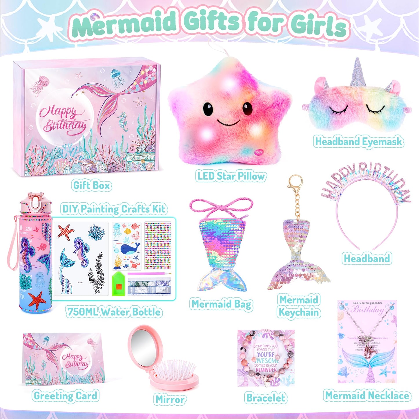 Auspicious Beginning 13-Piece Mermaid Toys Gift Set for Girls 4-12 — Light-Up Star Pillow & DIY Water Bottle Kit