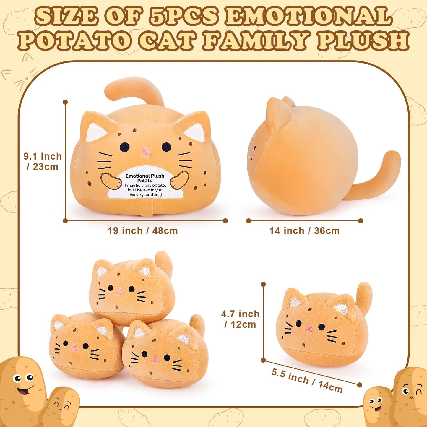 Auspicious Beginning 5-Pcs Emotional Potato Cat Family Plush – 19-Inch Mommy with 4 Kittens