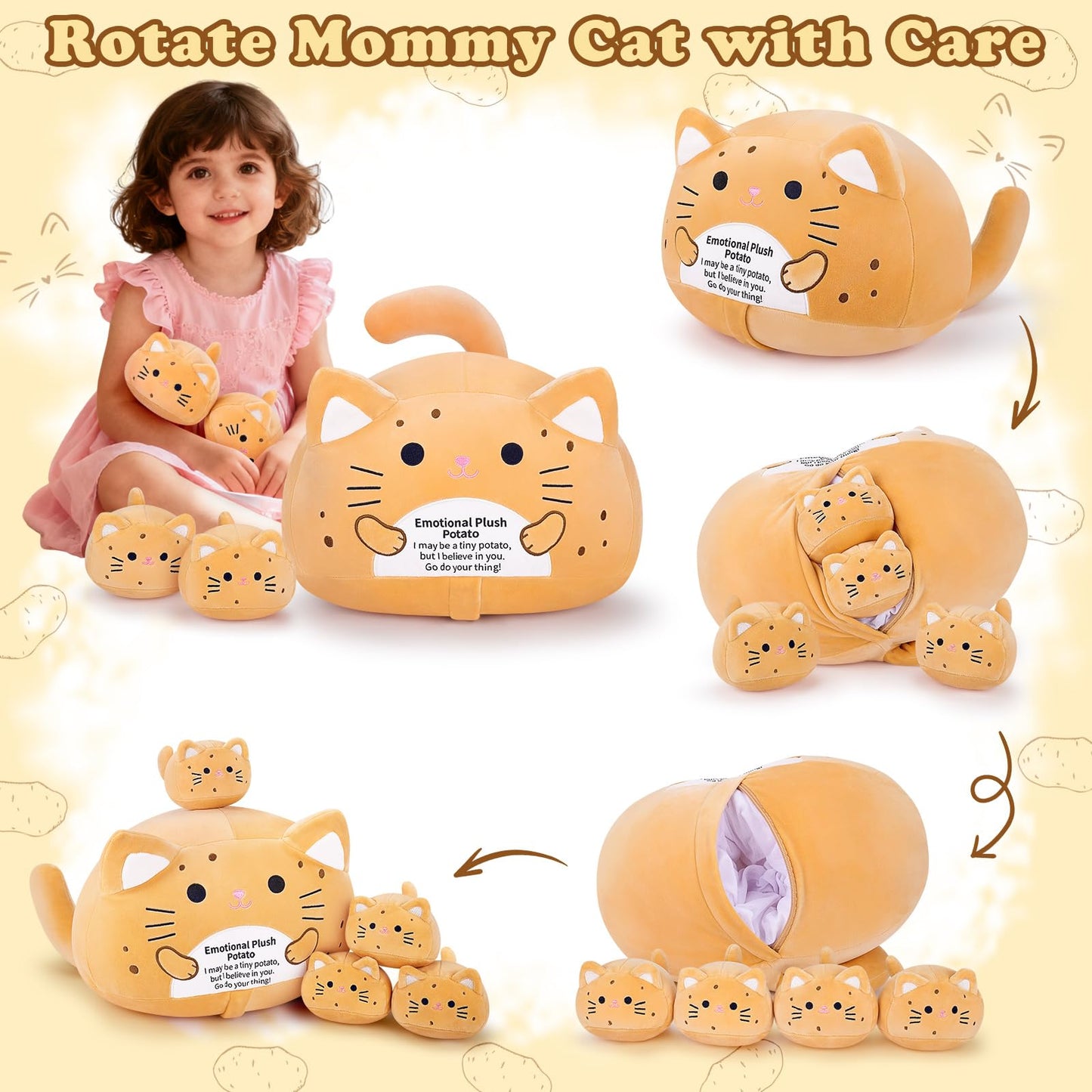 Auspicious Beginning 5-Pcs Emotional Potato Cat Family Plush – 19-Inch Mommy with 4 Kittens