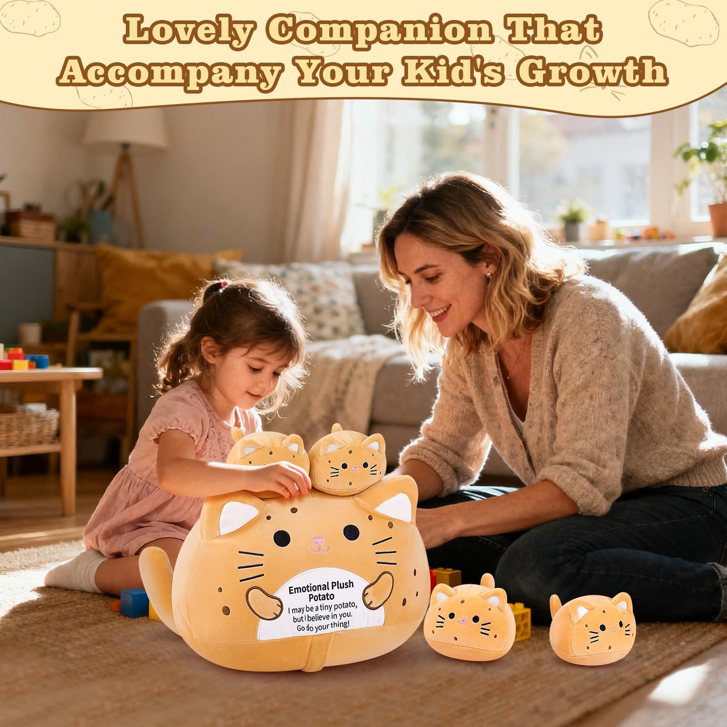 Auspicious Beginning 5-Pcs Emotional Potato Cat Family Plush – 19-Inch Mommy with 4 Kittens
