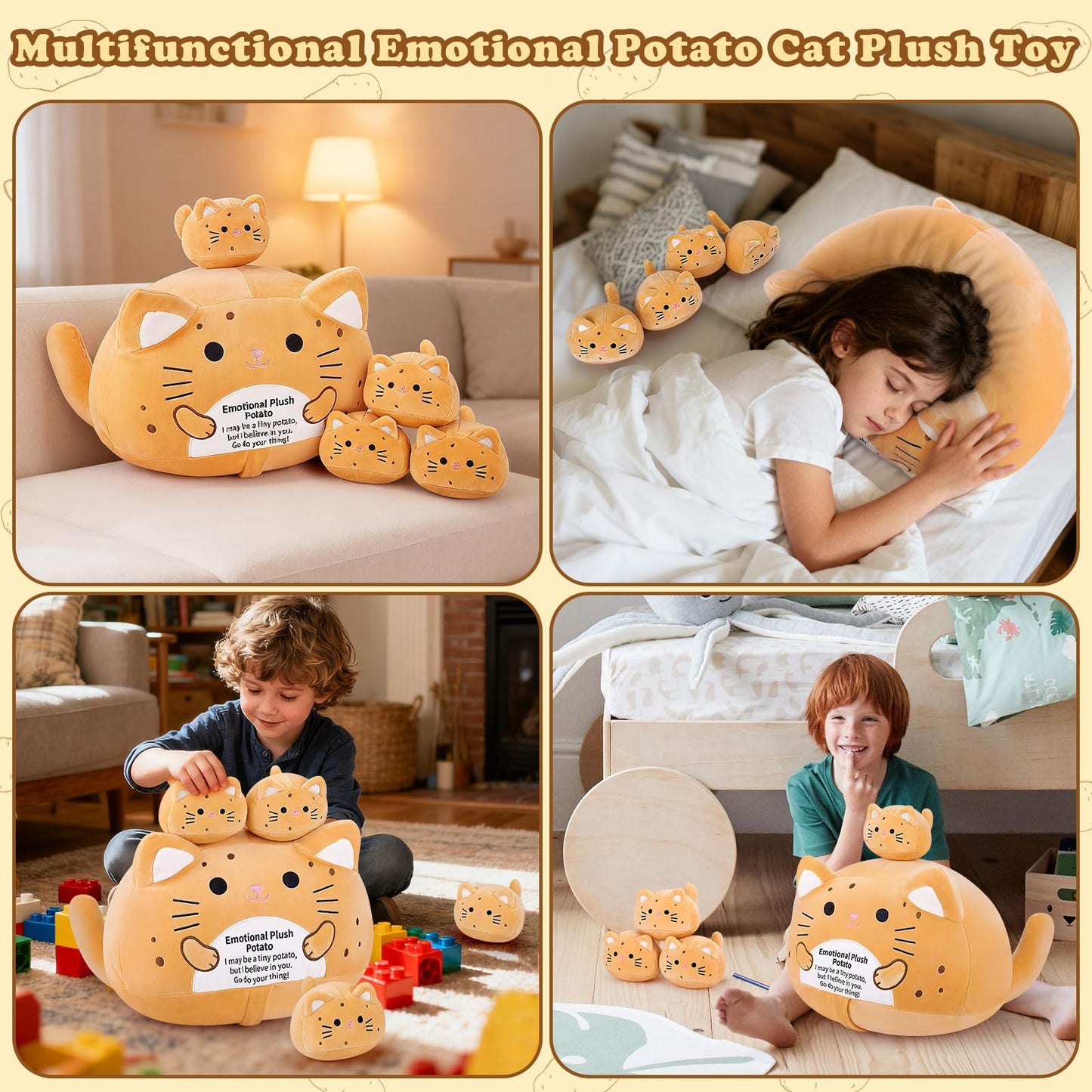 Auspicious Beginning 5-Pcs Emotional Potato Cat Family Plush – 19-Inch Mommy with 4 Kittens