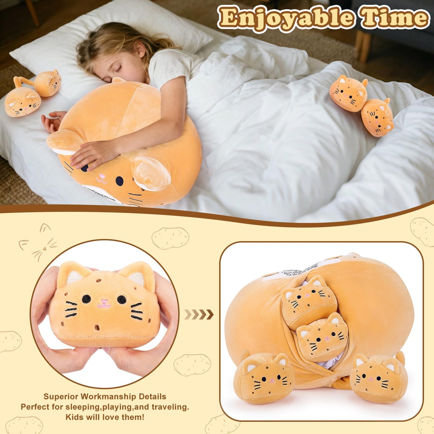 Auspicious Beginning 5-Pcs Emotional Potato Cat Family Plush – 19-Inch Mommy with 4 Kittens