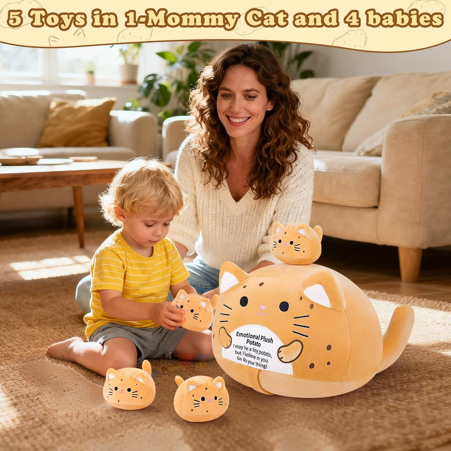 Auspicious Beginning 5-Pcs Emotional Potato Cat Family Plush – 19-Inch Mommy with 4 Kittens