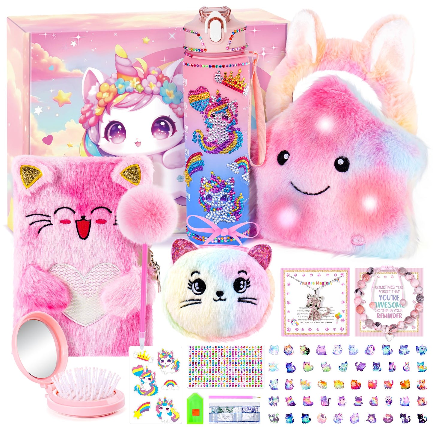 13-Piece Unicorn Cat Toys Gift Set for Girls 4-10 | Light-Up Star Pillow & DIY Water Bottle Kit | Auspicious Beginning
