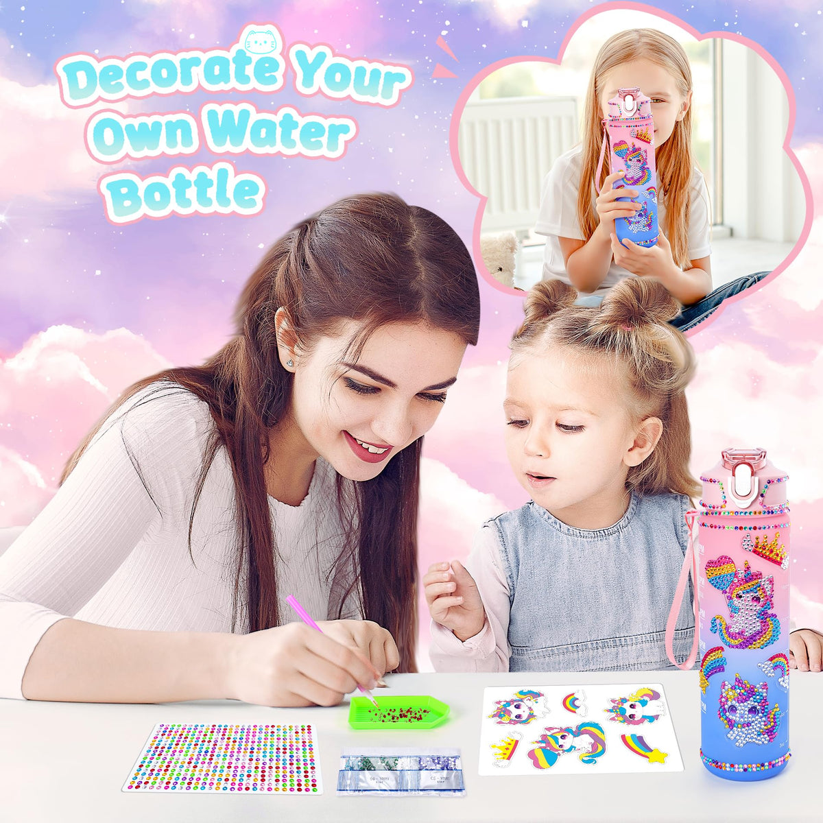 13-Piece Unicorn Cat Toys Gift Set for Girls 4-10 | Light-Up Star Pillow & DIY Water Bottle Kit | Auspicious Beginning
