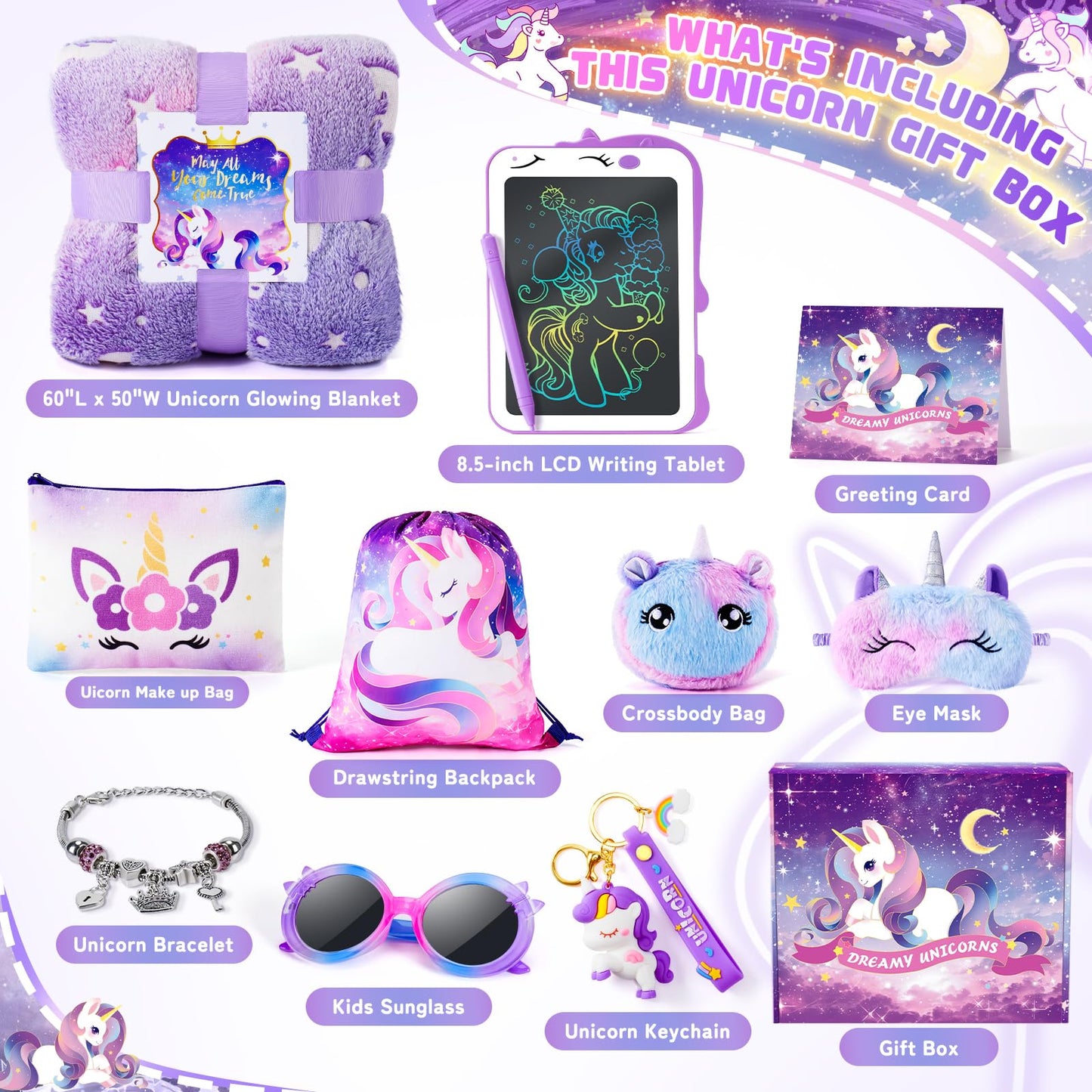 Auspicious Beginning: Unicorn Gifts for Girls – 12-Piece Set with LCD Tablet & Glowing Blanket