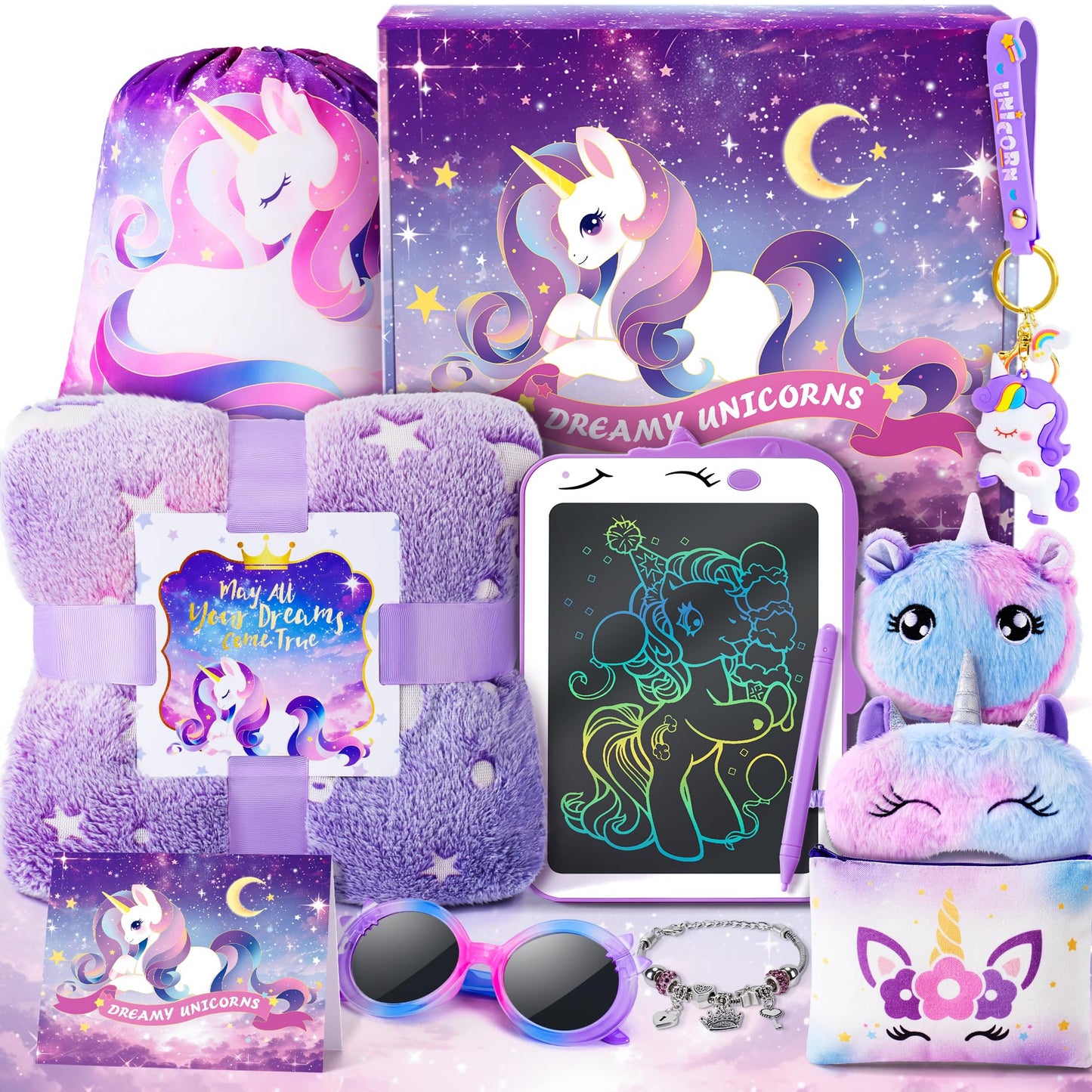 Auspicious Beginning: Unicorn Gifts for Girls – 12-Piece Set with LCD Tablet & Glowing Blanket
