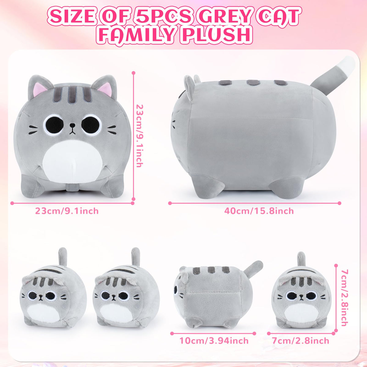 Auspicious Beginning 5-Piece Grey Cat Plush Family – 19-Inch Mommy Cat with 4 Kittens