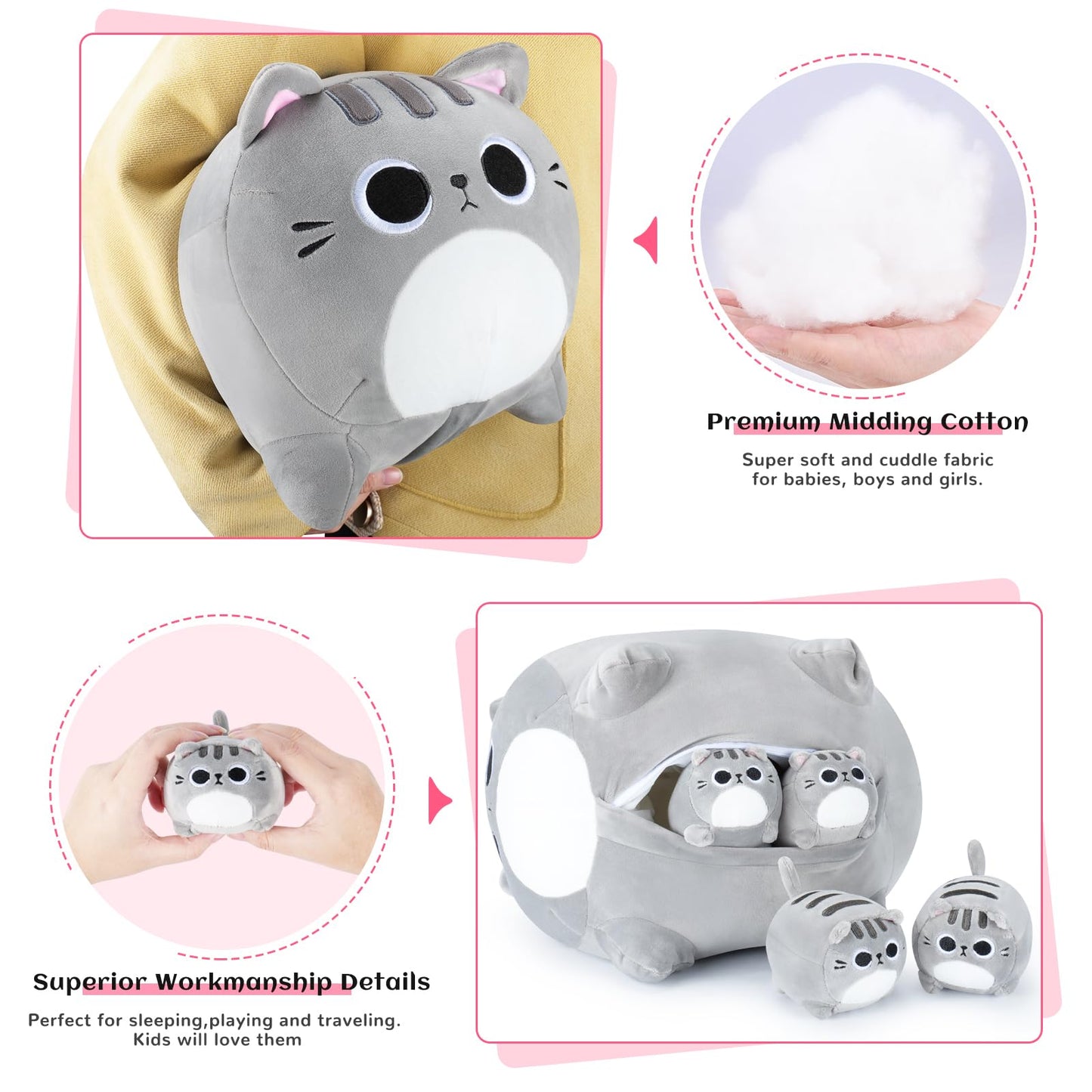 Auspicious Beginning 5-Piece Grey Cat Plush Family – 19-Inch Mommy Cat with 4 Kittens