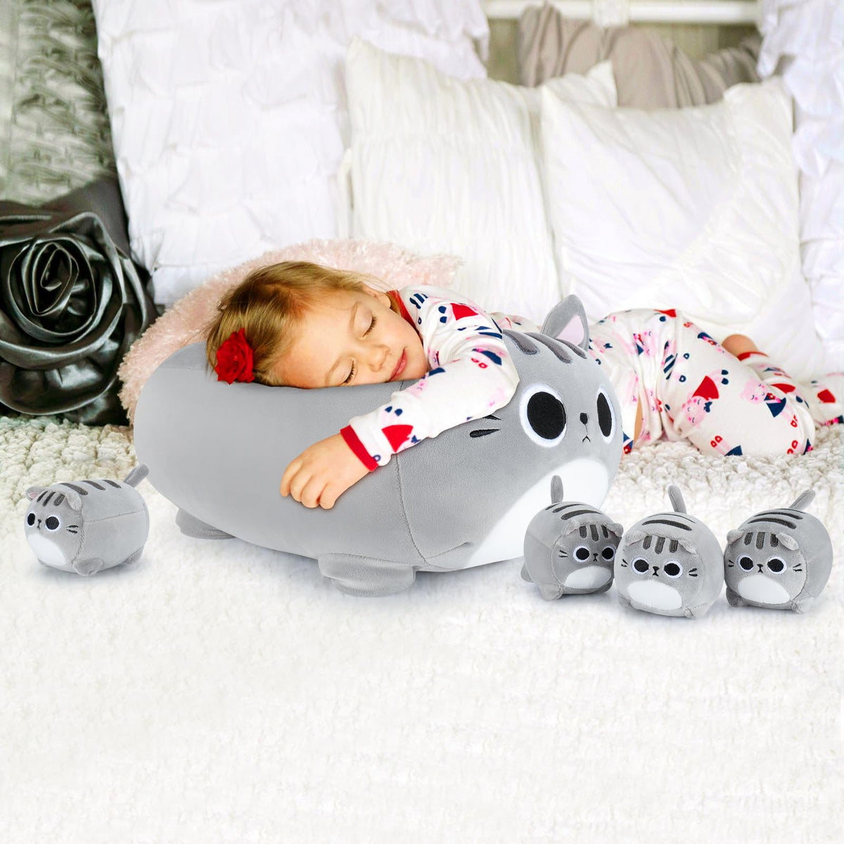 Auspicious Beginning 5-Piece Grey Cat Plush Family – 19-Inch Mommy Cat with 4 Kittens