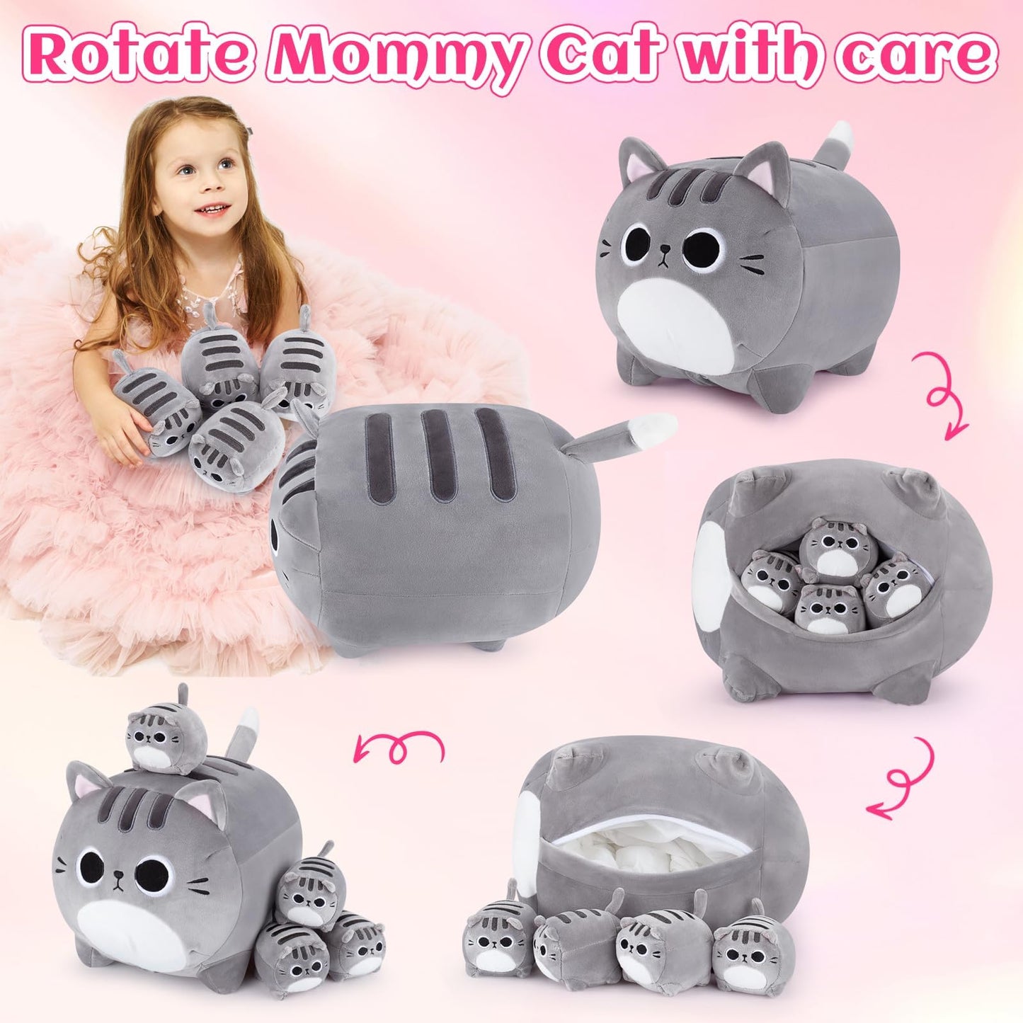Auspicious Beginning 5-Piece Grey Cat Plush Family – 19-Inch Mommy Cat with 4 Kittens