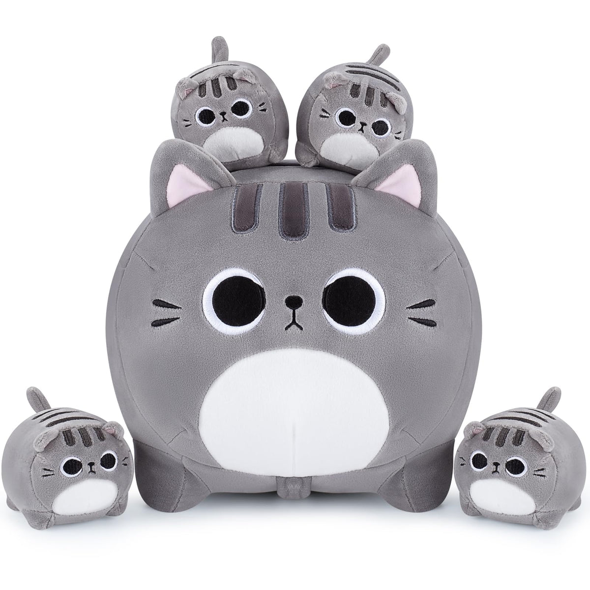 Auspicious Beginning 5-Piece Grey Cat Plush Family – 19-Inch Mommy Cat with 4 Kittens