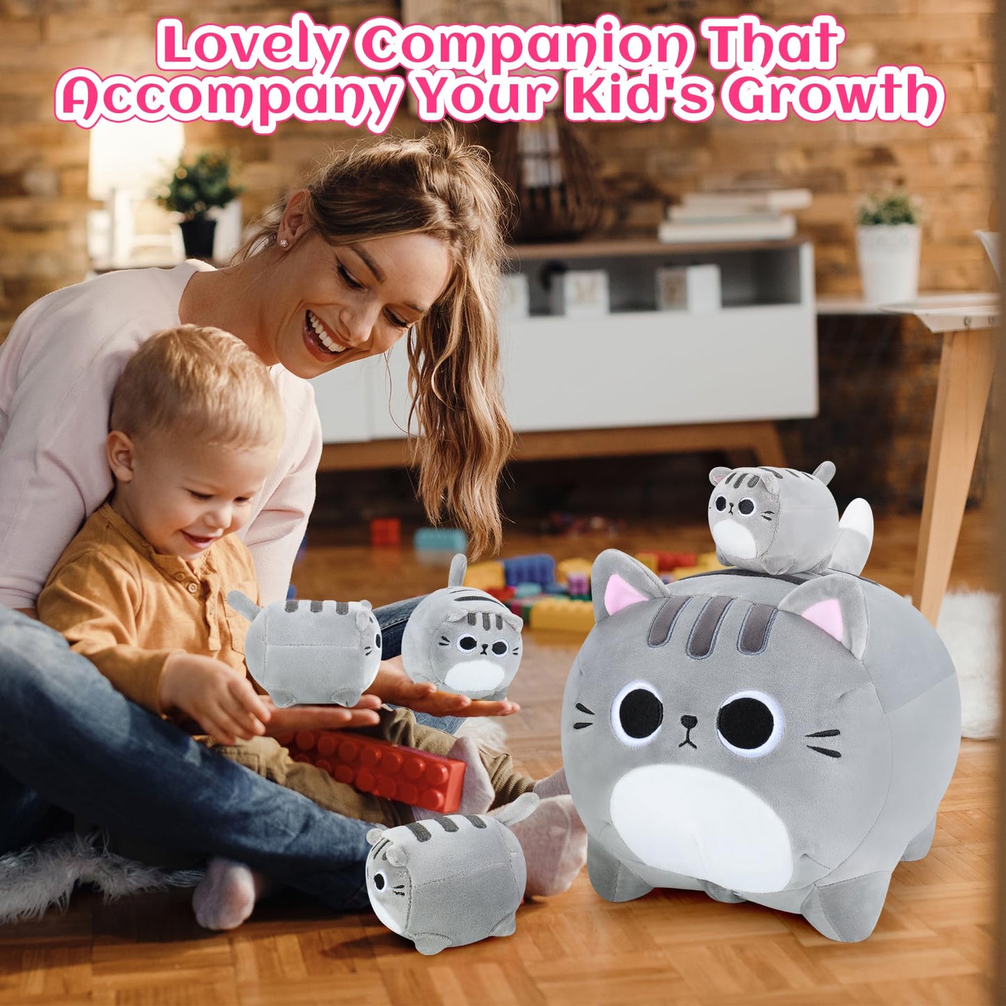 Auspicious Beginning 5-Piece Grey Cat Plush Family – 19-Inch Mommy Cat with 4 Kittens