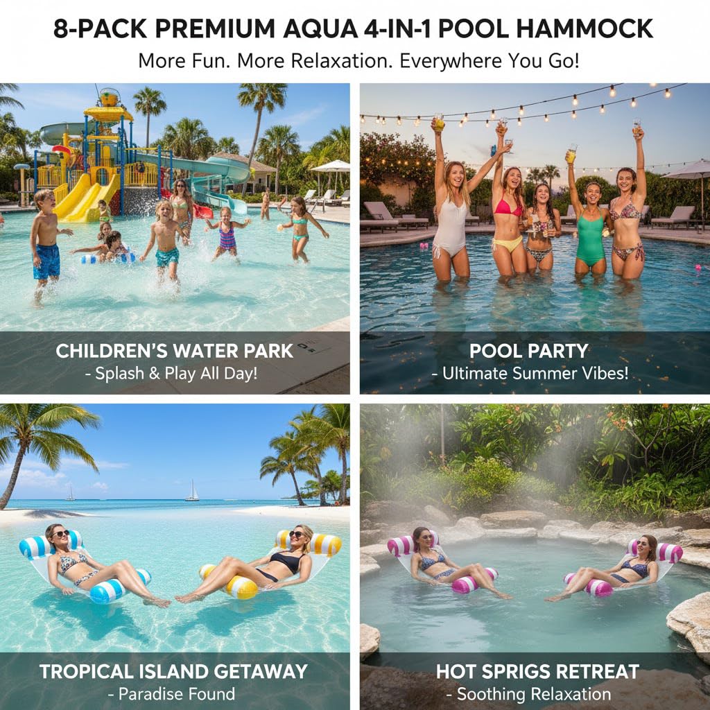 Auspicious Rain 3-Pack Upgraded Water Pool Floats - 4-in-1 Hammock, Saddle, Lounge Chair, Drifter | Non-Stick PVC