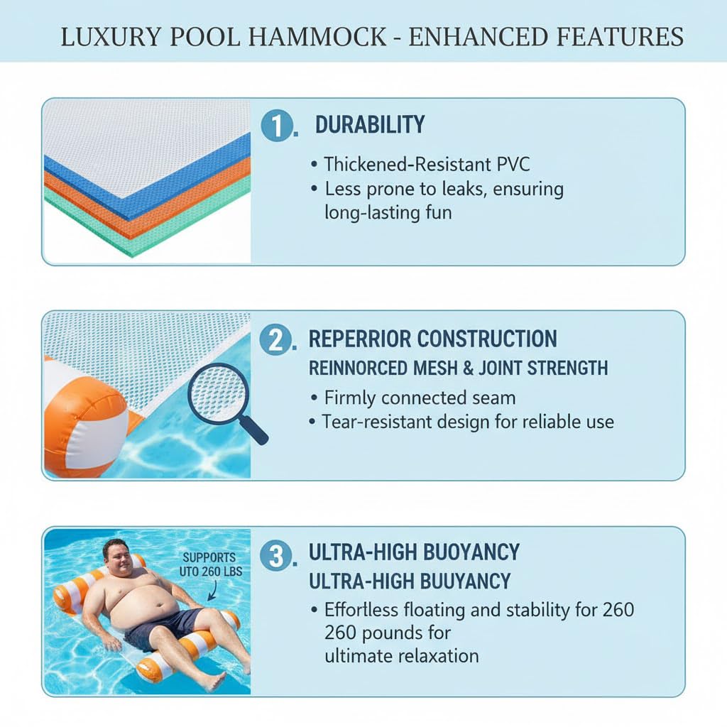 Auspicious Rain 3-Pack Upgraded Water Pool Floats - 4-in-1 Hammock, Saddle, Lounge Chair, Drifter | Non-Stick PVC