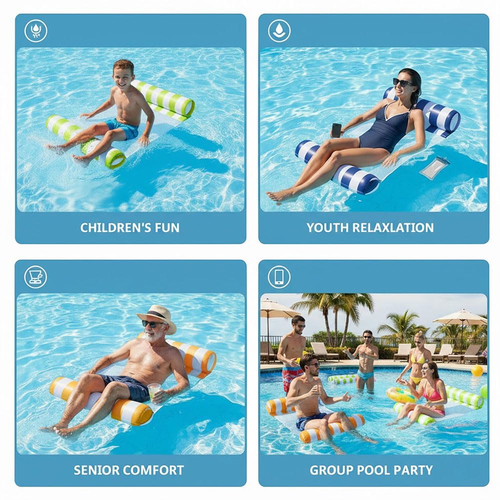 Auspicious Rain 8-Pack 4-in-1 Pool Floats – Hammock, Saddle, Lounge Chair & Drifter (Non-Stick PVC)