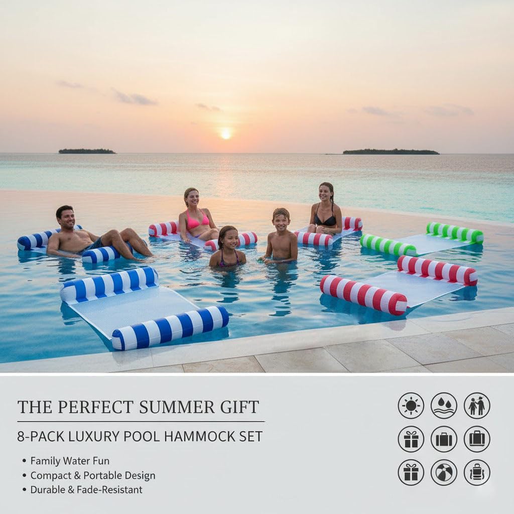 Auspicious Rain 8-Pack 4-in-1 Pool Floats – Hammock, Saddle, Lounge Chair & Drifter (Non-Stick PVC)