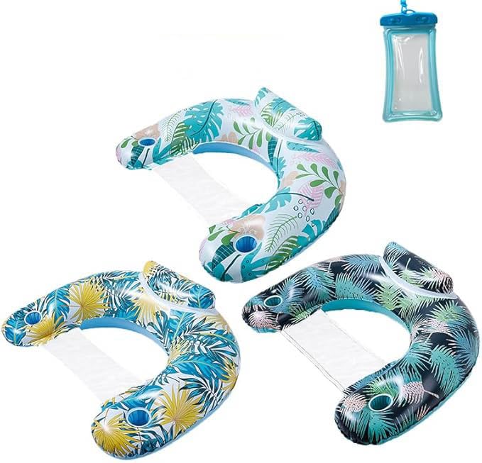 Auspicious Rain 3-Pack Inflatable Pool Floats for Adults | Cup Holders & Headrest, Heavy-Duty PVC Lounge Chairs