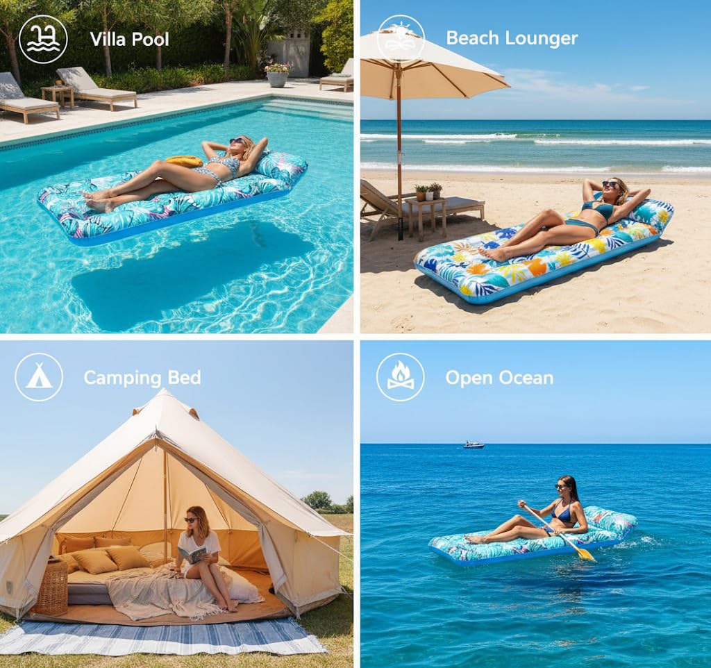 Auspicious Rain 2-Pack Inflatable Pool Float Mat | Giant Lounger with Headrest, 300 lb Capacity
