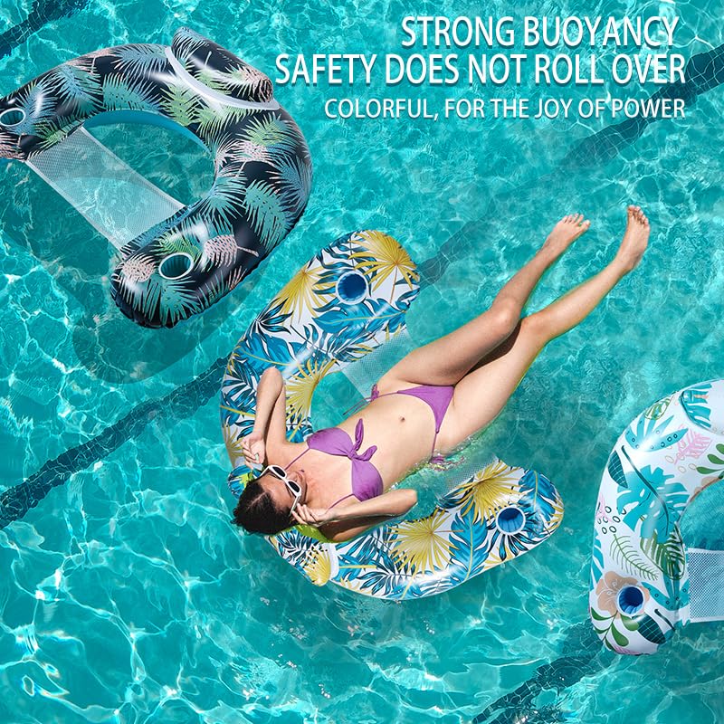 Auspicious Rain 3-Pack Inflatable Pool Floats for Adults | Cup Holders & Headrest, Heavy-Duty PVC Lounge Chairs