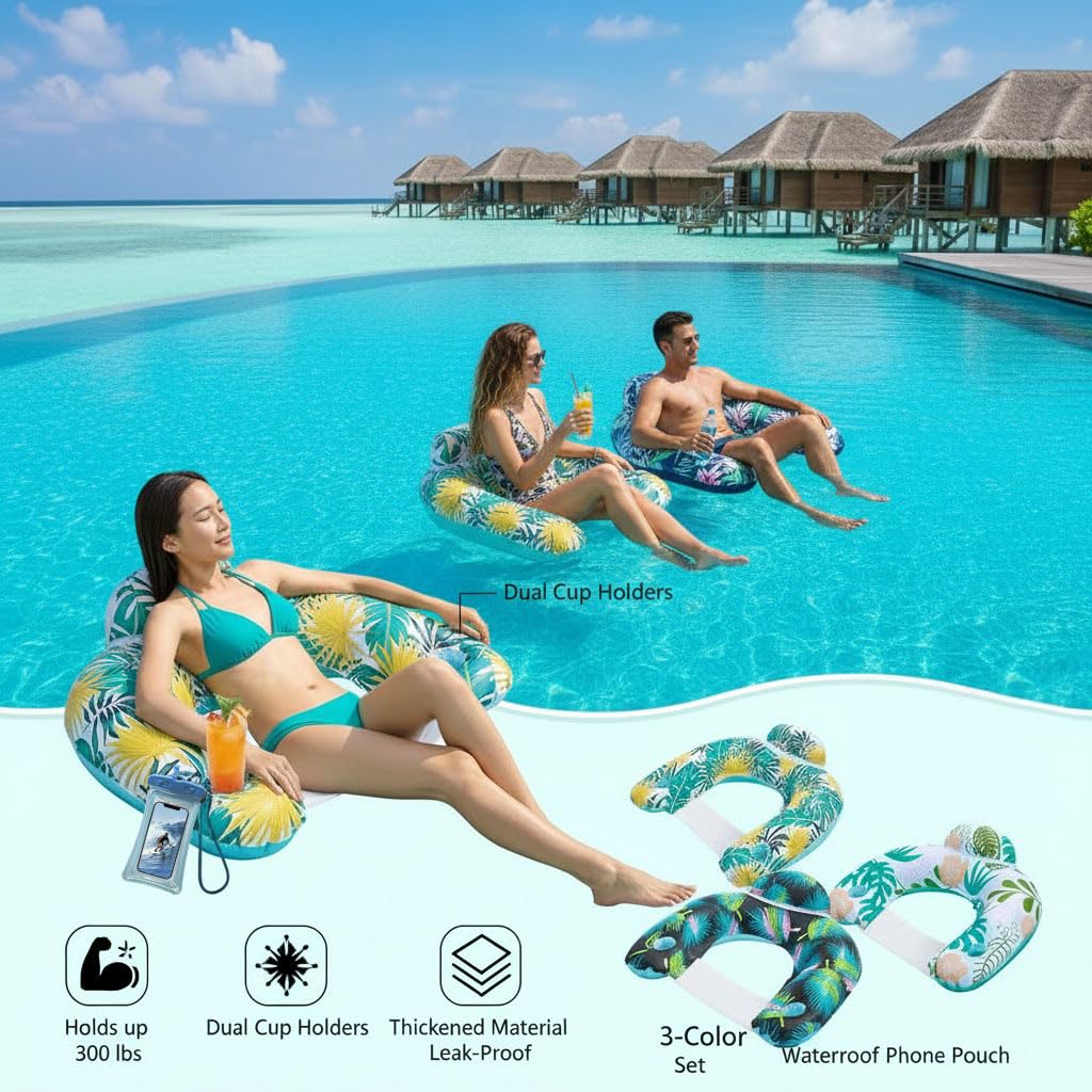 Auspicious Rain 3-Pack Inflatable Pool Floats for Adults | Cup Holders & Headrest, Heavy-Duty PVC Lounge Chairs