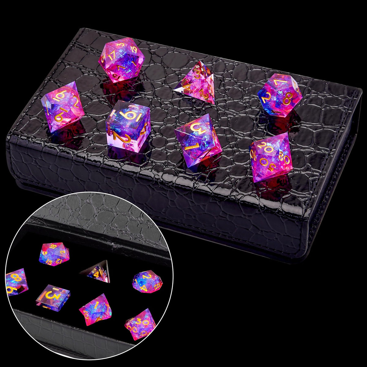 AUSTOR 7-Die DND Dice Set – Sharp Edge Handmade Resin Polyhedral Dice in Peach & Blue