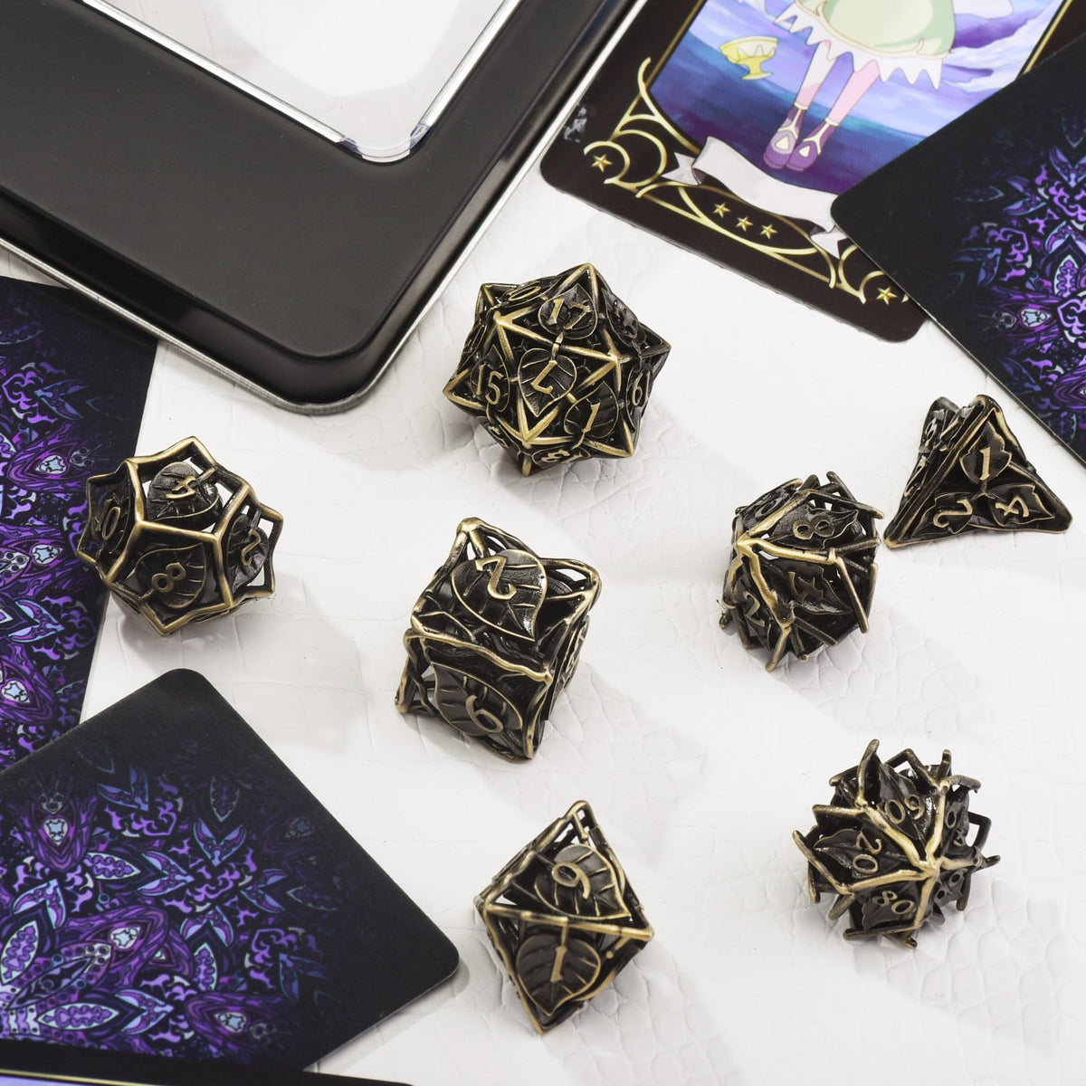 AUSTOR Metal DND Dice Set – 7-Piece Leaf Maple Hollow Polyhedral D20 D12 D10 D% D8 D6 D4 with Metal Box (Antique Bronze)