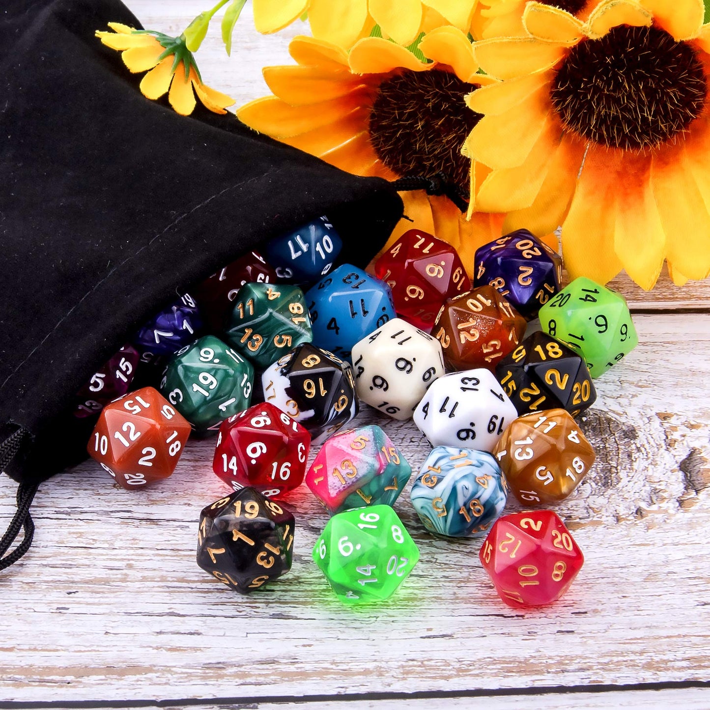 AUSTOR 35 Pieces Polyhedral D20 Dice Set – Mixed Colors with Black Velvet Pouch for DND RPG MTG Table Games