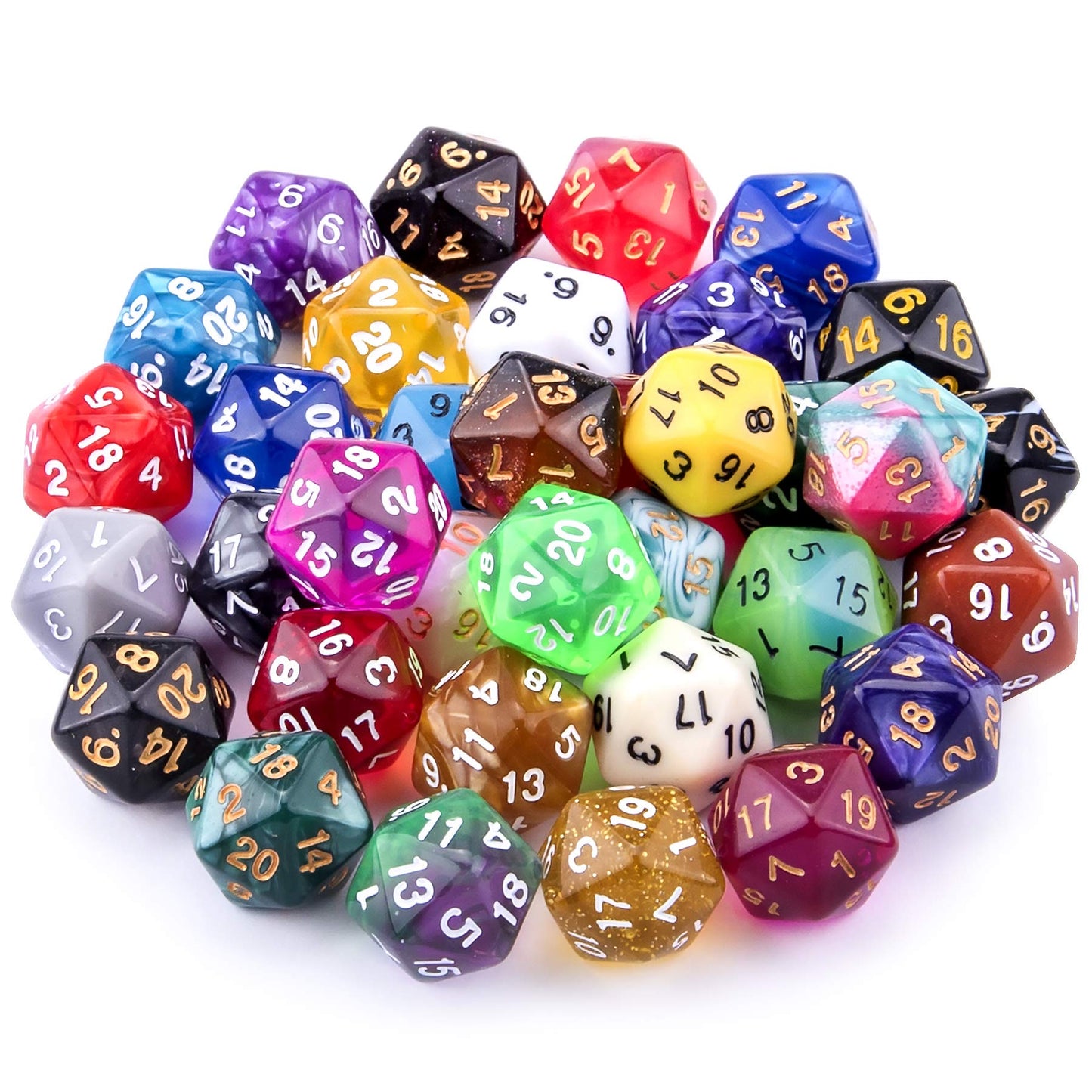 AUSTOR 35 Pieces Polyhedral D20 Dice Set – Mixed Colors with Black Velvet Pouch for DND RPG MTG Table Games