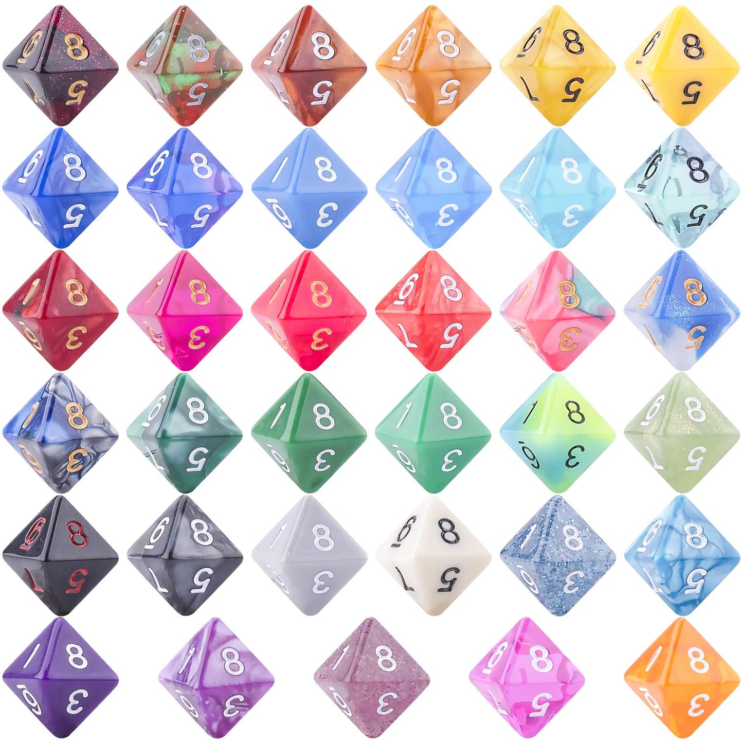 AUSTOR 35-Piece D8 Dice Set – Mixed Colors with Velvet Storage Bag for RPG & Tabletop Games