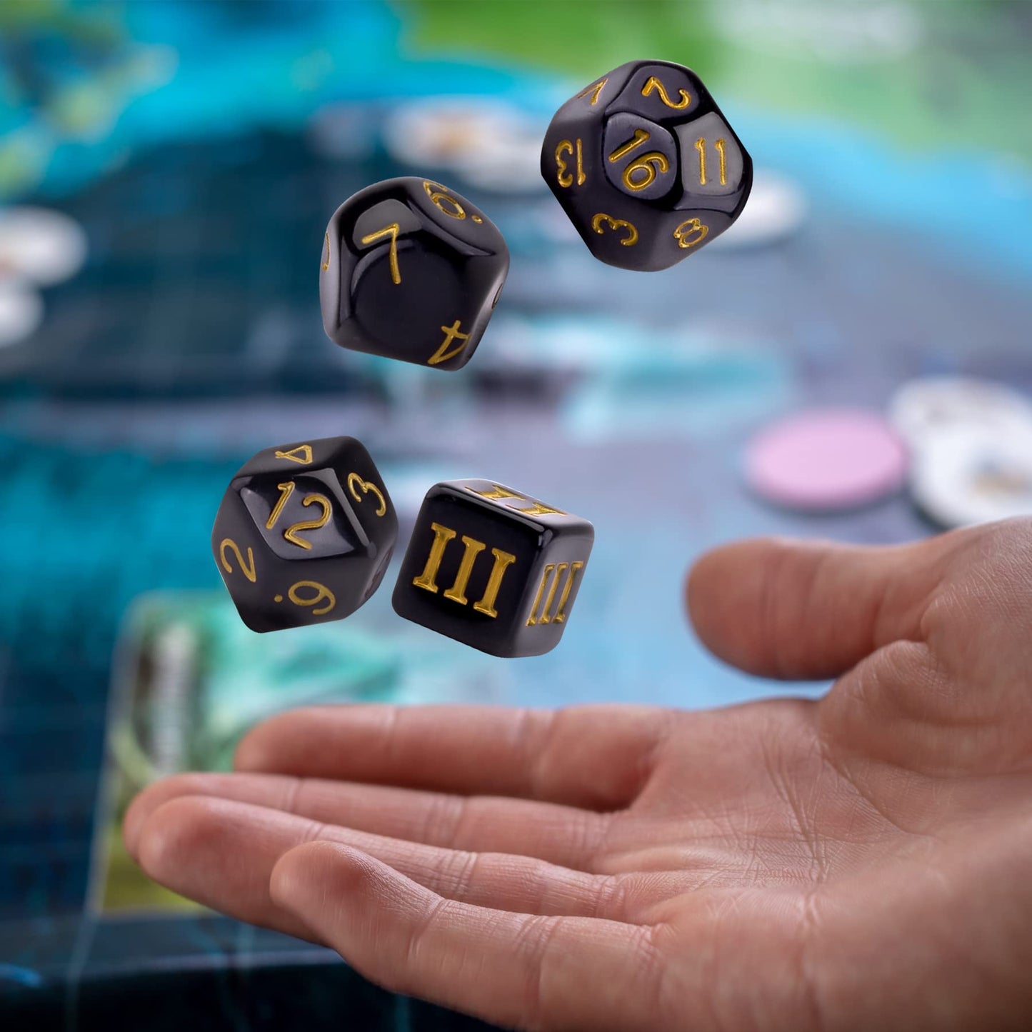 AUSTOR 15-Piece Polyhedral Dice Set D3-D100 with Leather Drawstring Bag – Black & Yellow