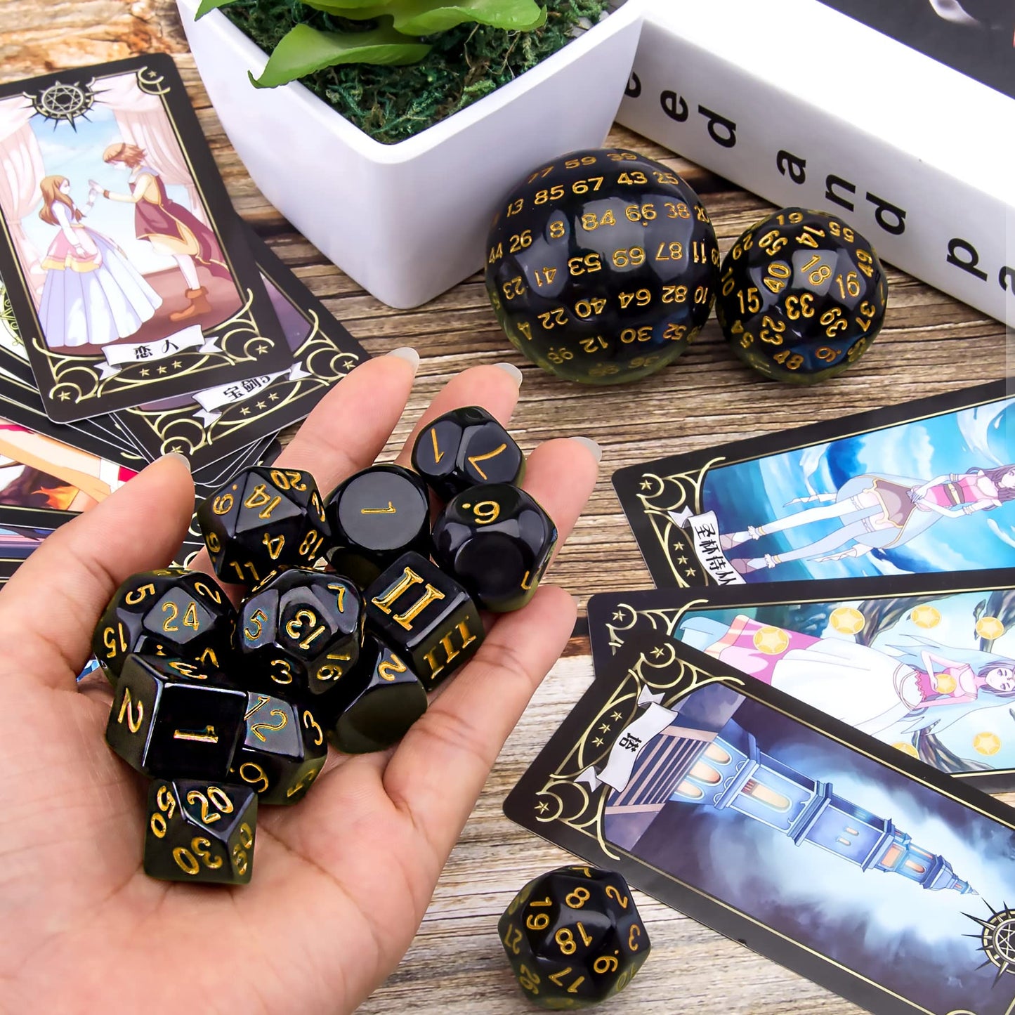 AUSTOR 15-Piece Polyhedral Dice Set D3-D100 with Leather Drawstring Bag – Black & Yellow