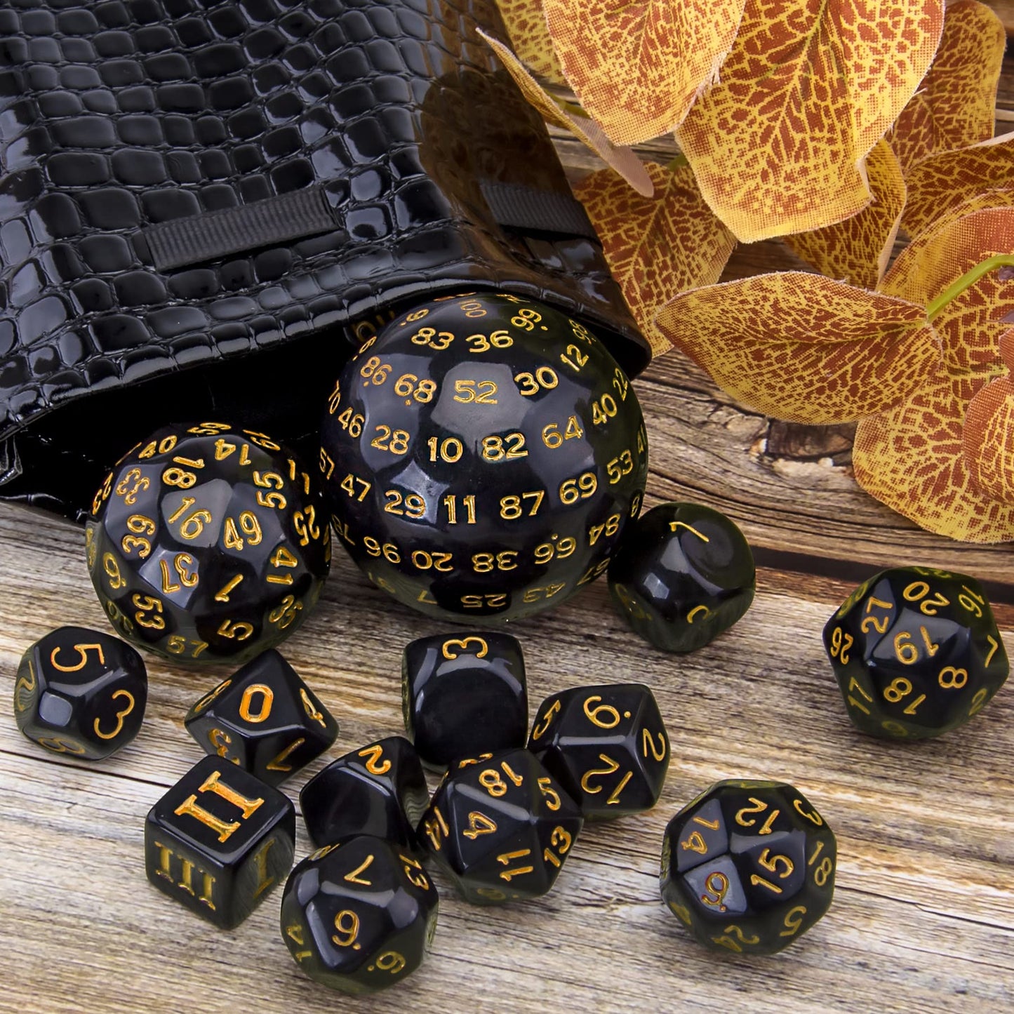 AUSTOR 15-Piece Polyhedral Dice Set D3-D100 with Leather Drawstring Bag – Black & Yellow