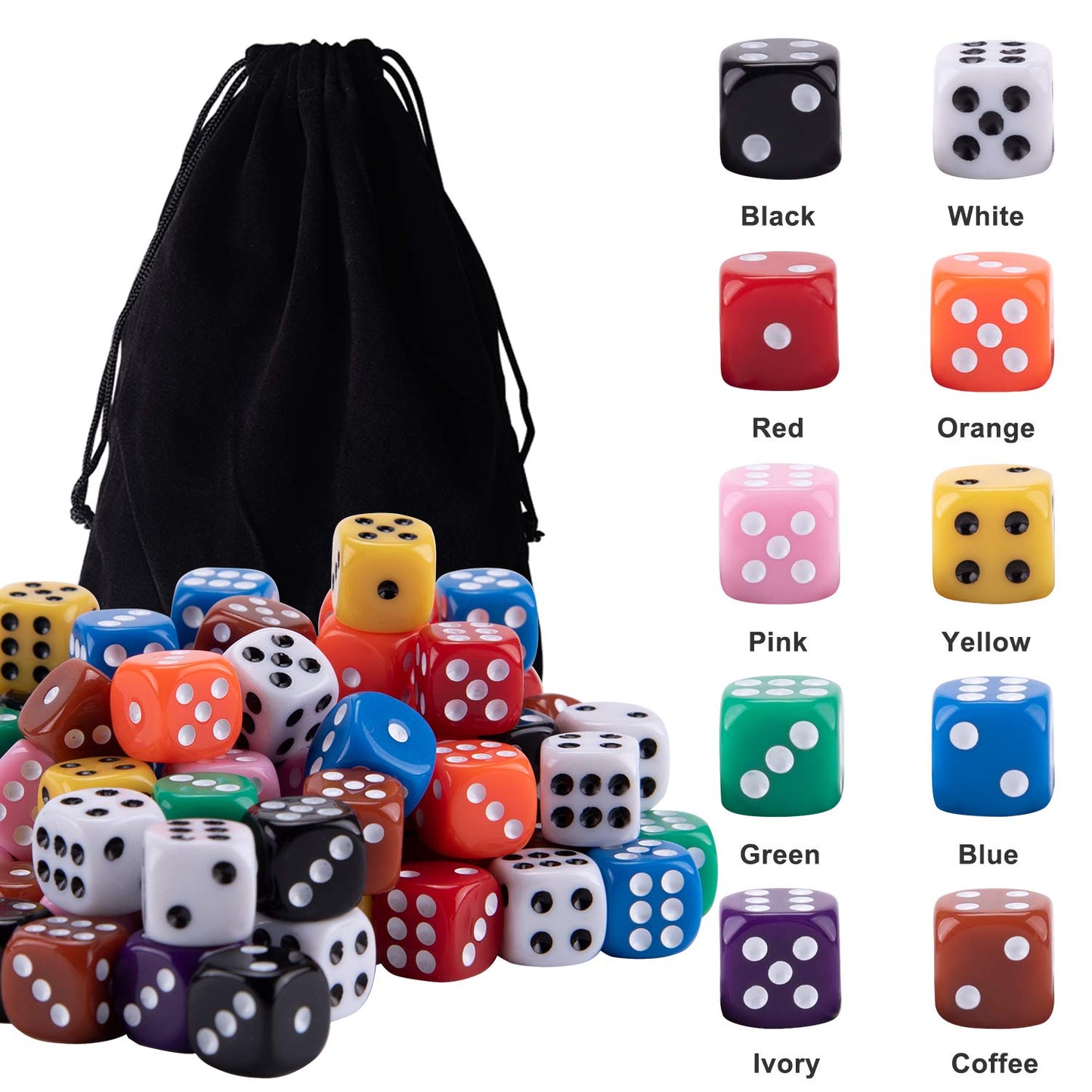 AUSTOR 100-Piece 12mm Dice Set — Round Corner, Eco-Friendly Acrylic, Velvet Pouch