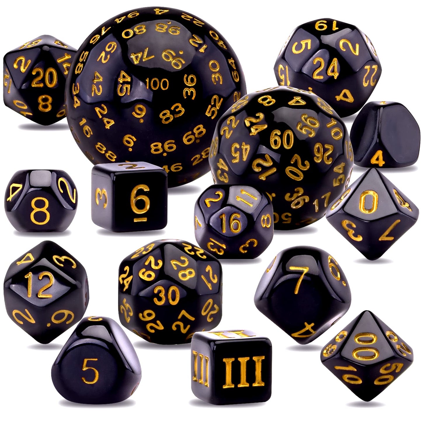AUSTOR 15-Piece Polyhedral Dice Set D3-D100 with Leather Drawstring Bag – Black & Yellow