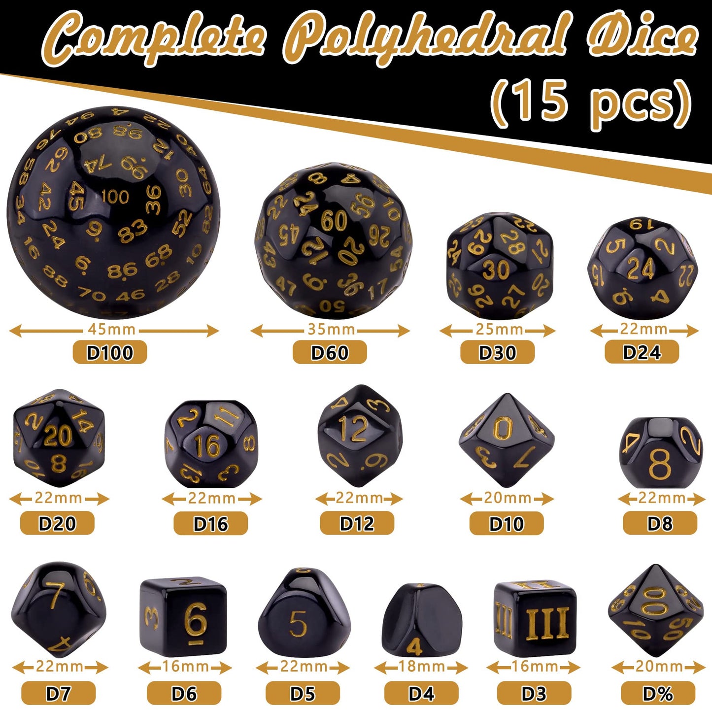 AUSTOR 15-Piece Polyhedral Dice Set D3-D100 with Leather Drawstring Bag – Black & Yellow
