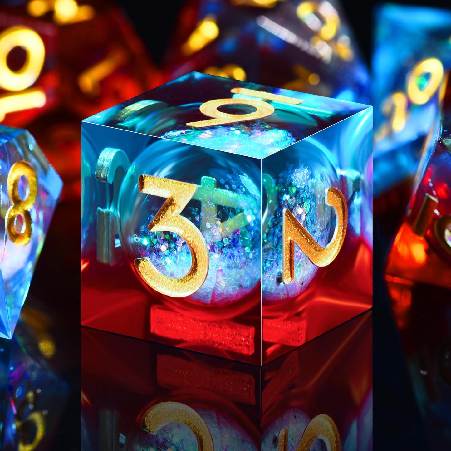 AUSTOR Liquid Core DND Dice – 7‑Die Sharp Edge Resin Set, Quicksand Core, Flame Red & Ice Blue