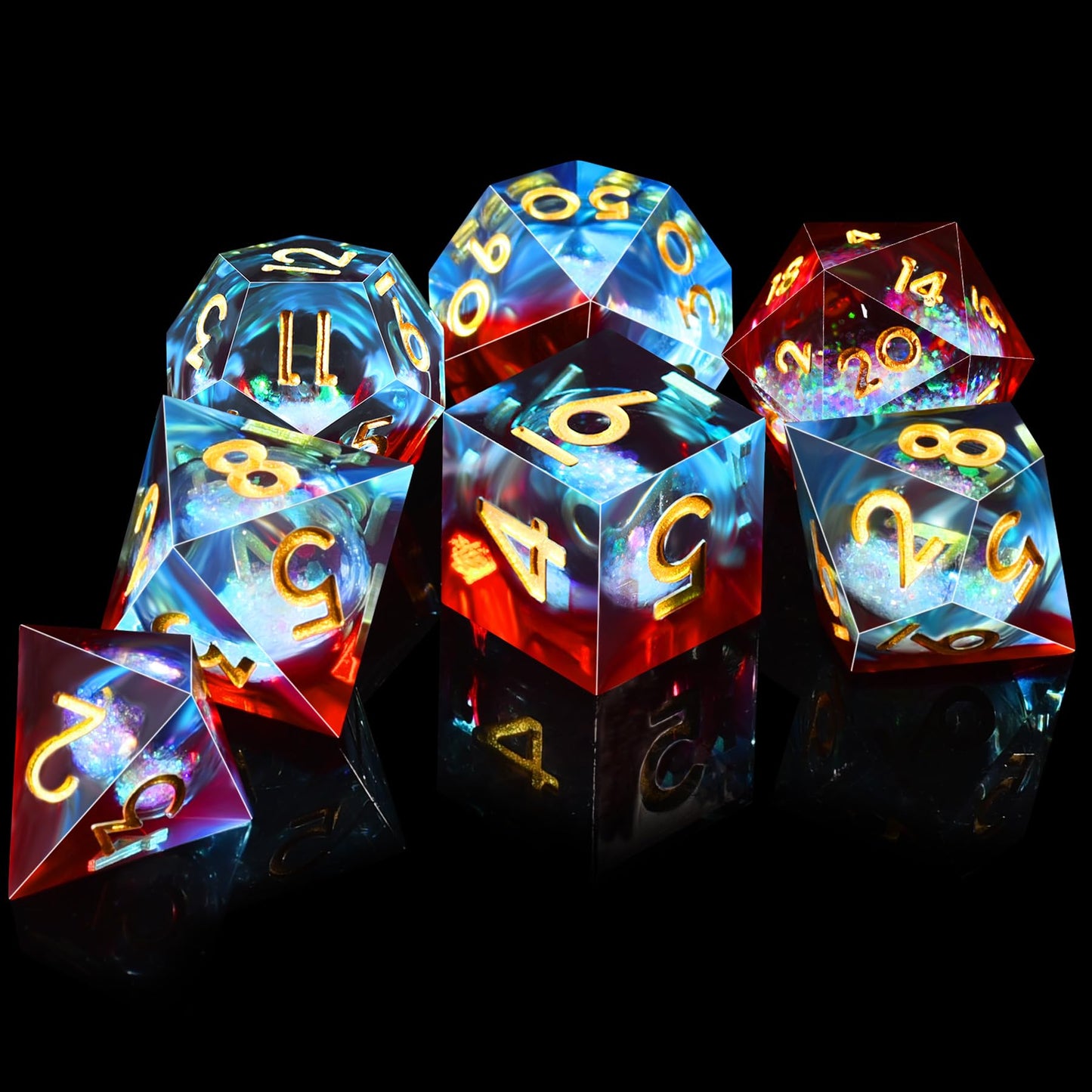 AUSTOR Liquid Core DND Dice – 7‑Die Sharp Edge Resin Set, Quicksand Core, Flame Red & Ice Blue