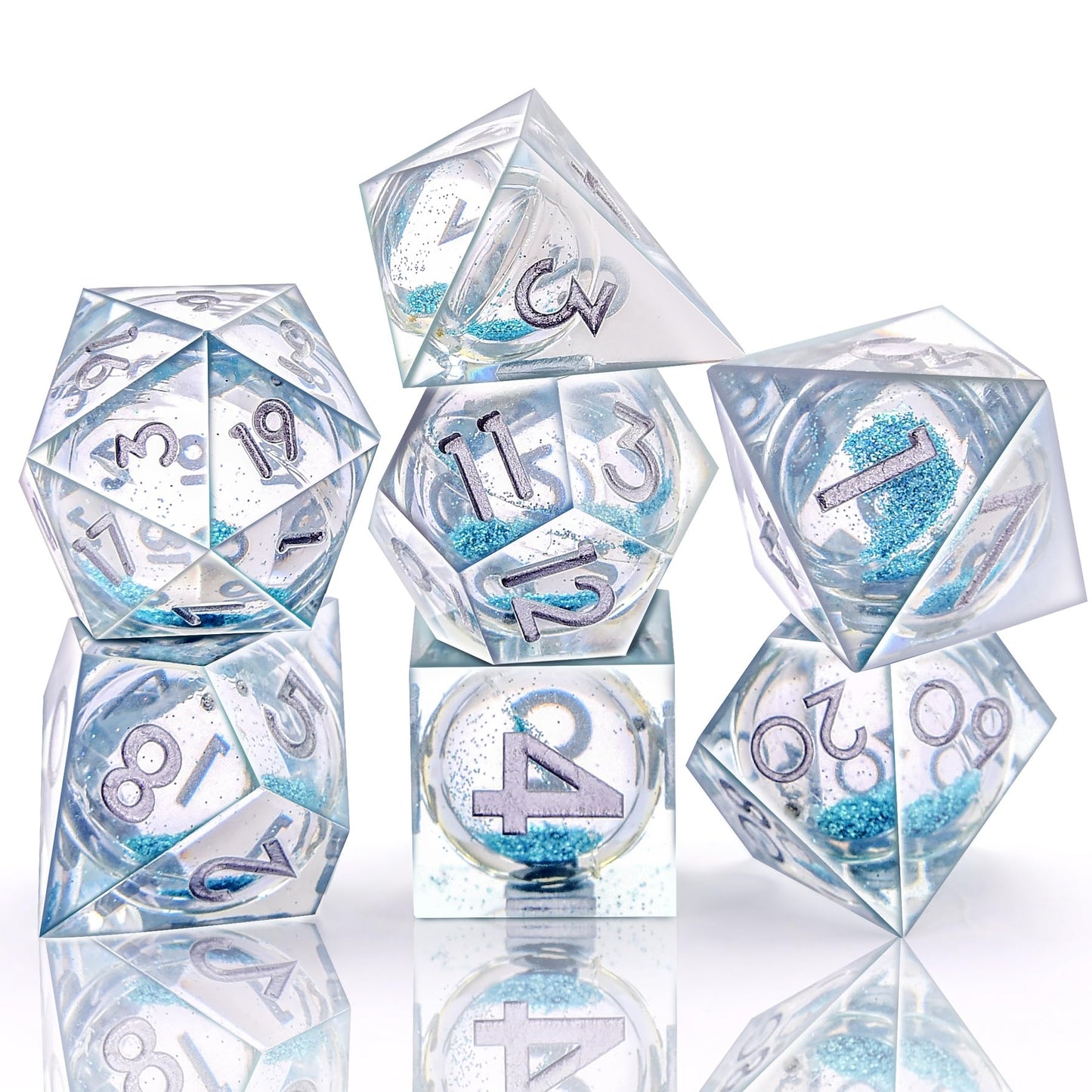 AUSTOR 7-Die Sharp Edge DND Dice Set – Liquid Quicksand Light Blue Resin Polyhedral Dice