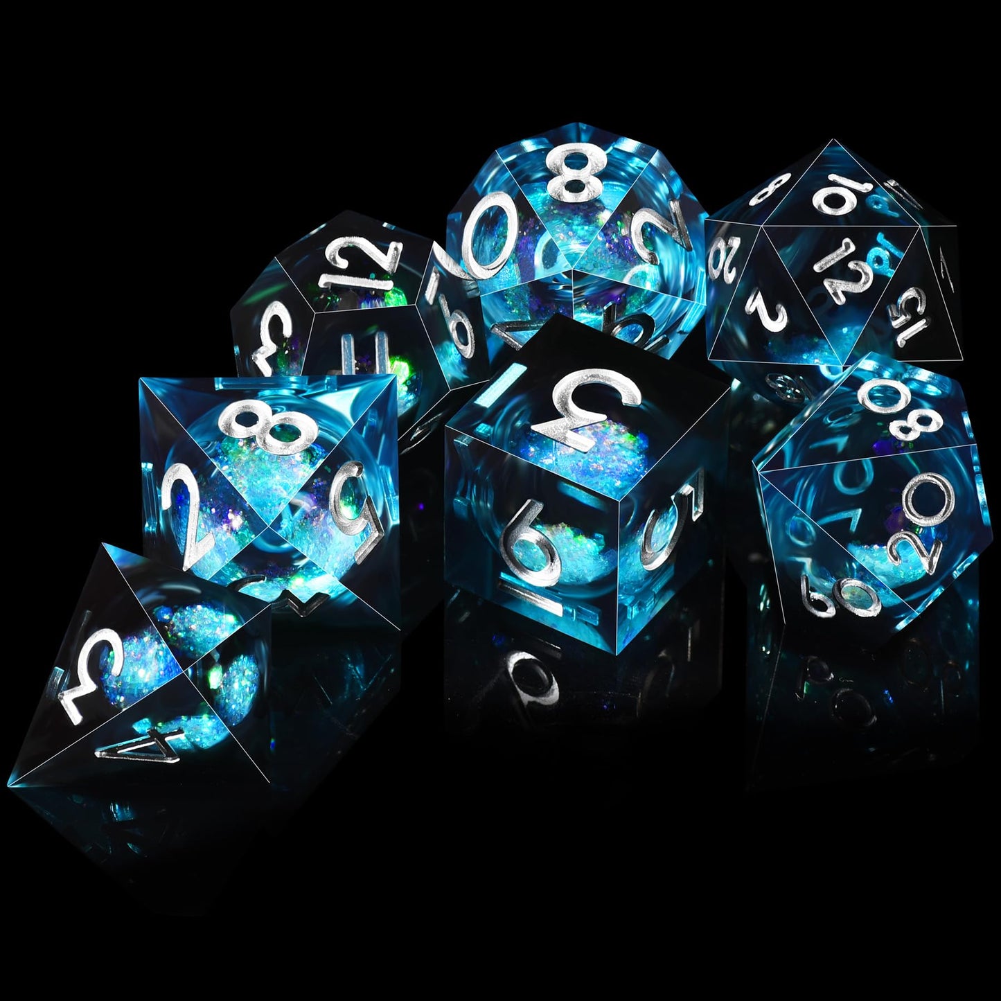 AUSTOR Liquid Core DND Dice Set – 7 Die Sharp Edge Resin Dice with Quicksand Visuals (Blue & Black)