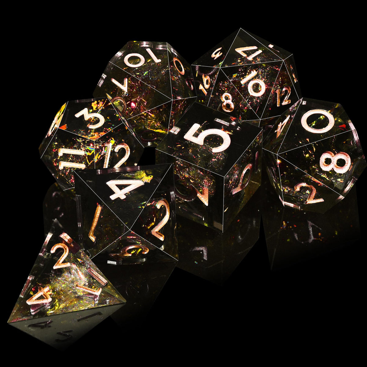 AUSTOR 7-Die DND Dice Set – Sharp Edge Resin Polyhedral Dice for D&D, MTG (Black & Red, Copper)