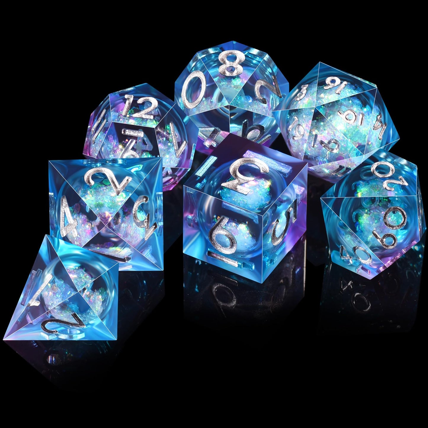AUSTOR Liquid Core DND Dice Set – 7-Die Sharp Edge Resin Dice (Blue & Violet) for D&D & Tabletop Games