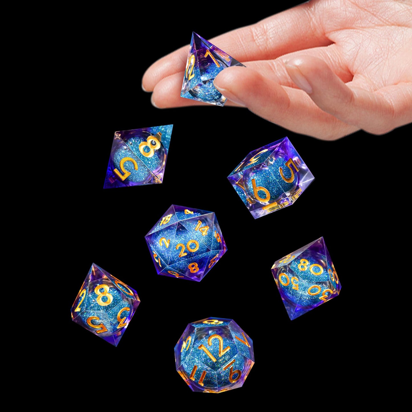 AUSTOR Liquid Core DND Dice Set – 7-Piece Sharp Edge Resin Dice, Violet & Blue