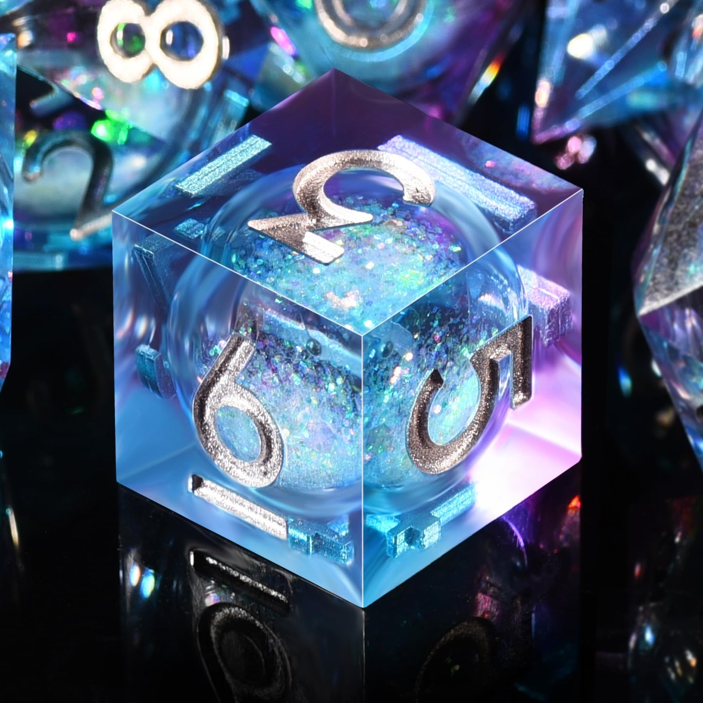 AUSTOR Liquid Core DND Dice Set – 7-Die Sharp Edge Resin Dice (Blue & Violet) for D&D & Tabletop Games