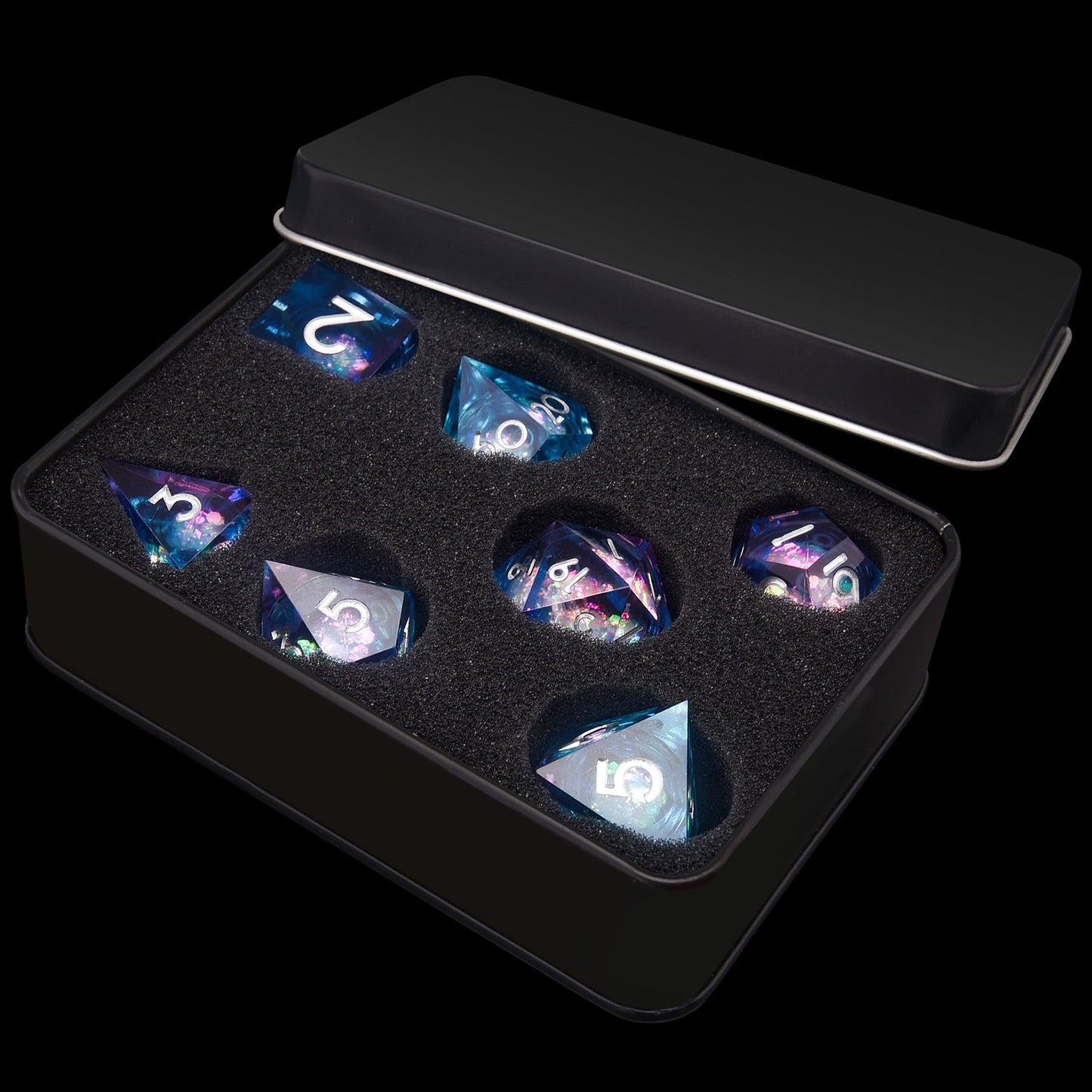 AUSTOR Liquid Core DND Dice Set – 7-Die Sharp Edge Resin Dice (Blue & Violet) for D&D & Tabletop Games