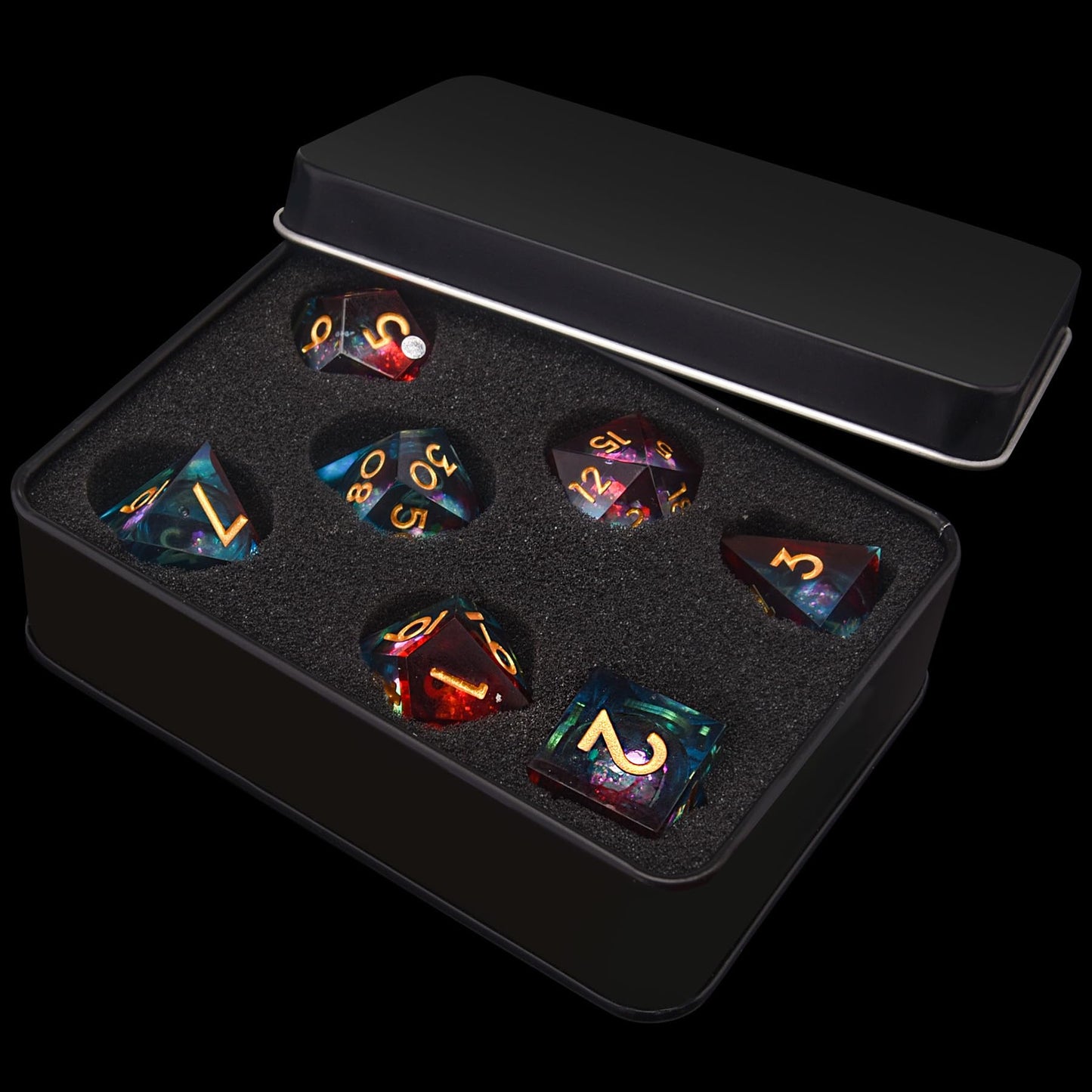 AUSTOR Liquid Core DND Dice – 7‑Die Sharp Edge Resin Set, Quicksand Core, Flame Red & Ice Blue